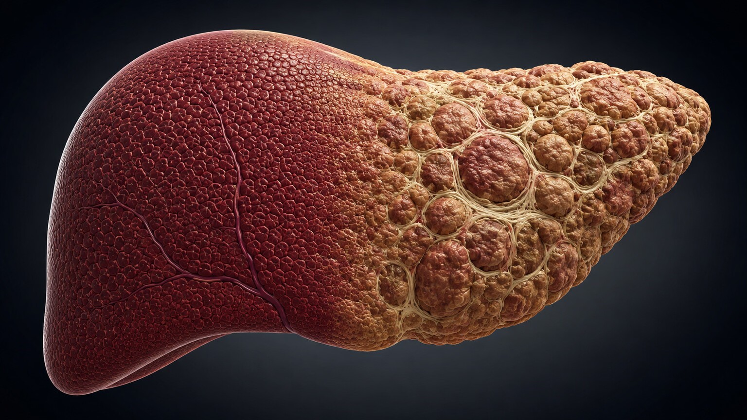 Scientific cross-section illustration comparing healthy liver tissue against nodular, scarred cirrhotic liver tissue with impaired urea-producing capacity