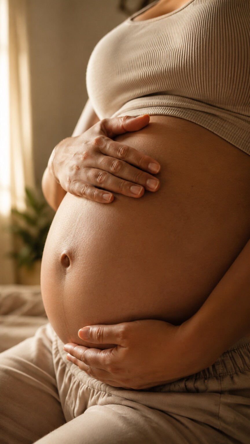 Close-up of a pregnant person's hands resting on their abdomen, illustrating the increased blood volume and kidney filtration that naturally lowers BUN during pregnancy