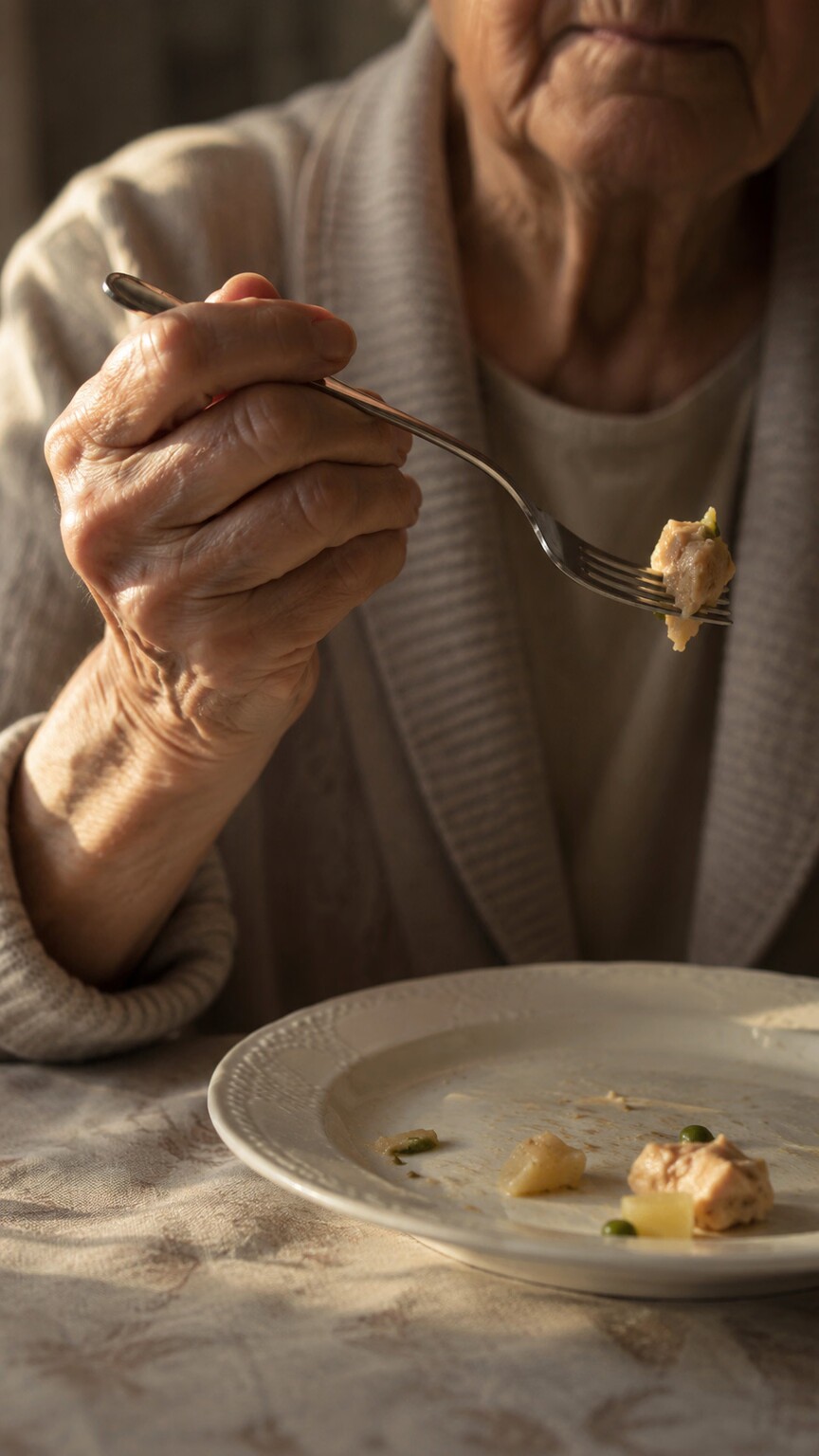 Close-up of an older adult's hands holding a small portion of food on a fork, illustrating reduced dietary intake contributing to lower BUN in aging