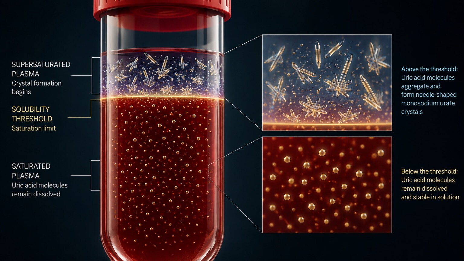 Scientific illustration of uric acid molecules dissolved in blood beginning to form needle-shaped crystals once concentration crosses a solubility threshold