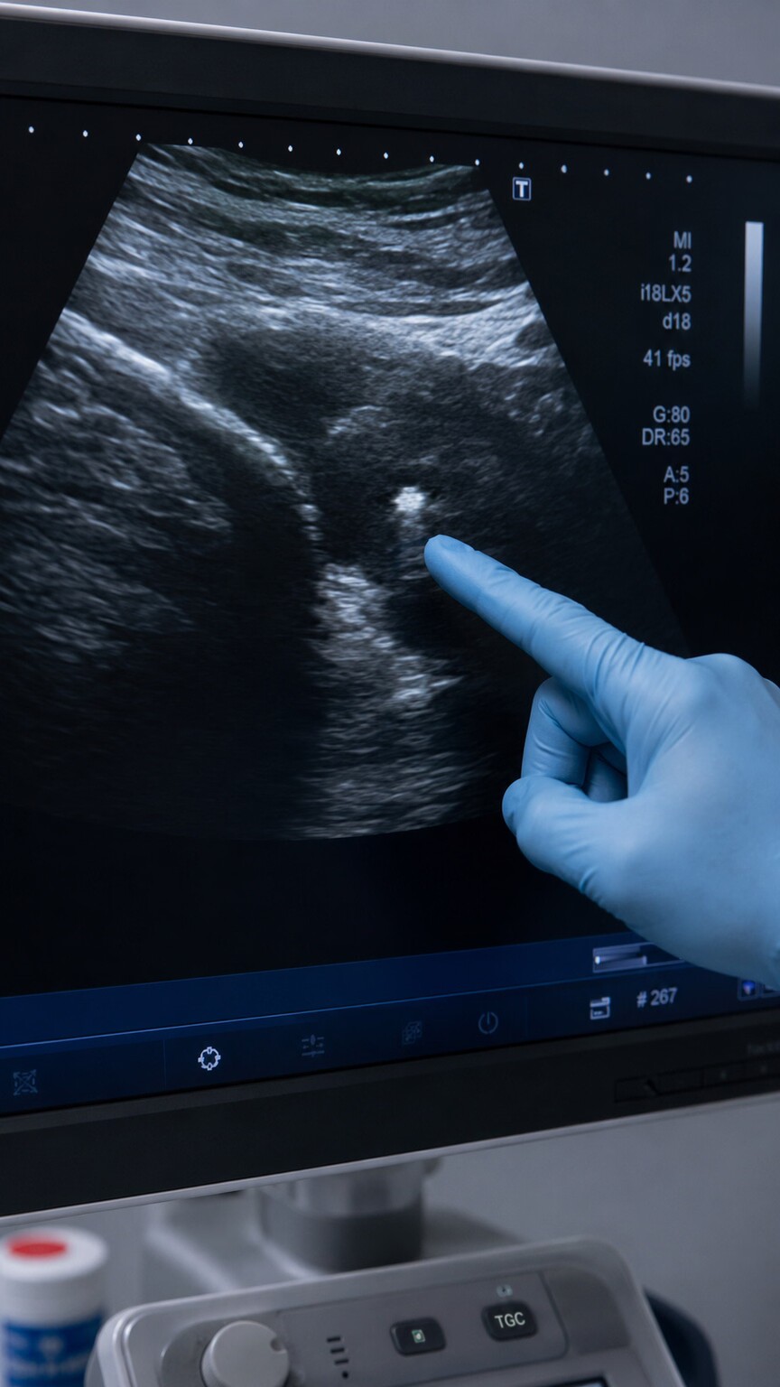 An ultrasound screen showing a joint scan with a technician pointing to a small bright deposit, an incidental finding of urate crystals in someone with no joint symptoms