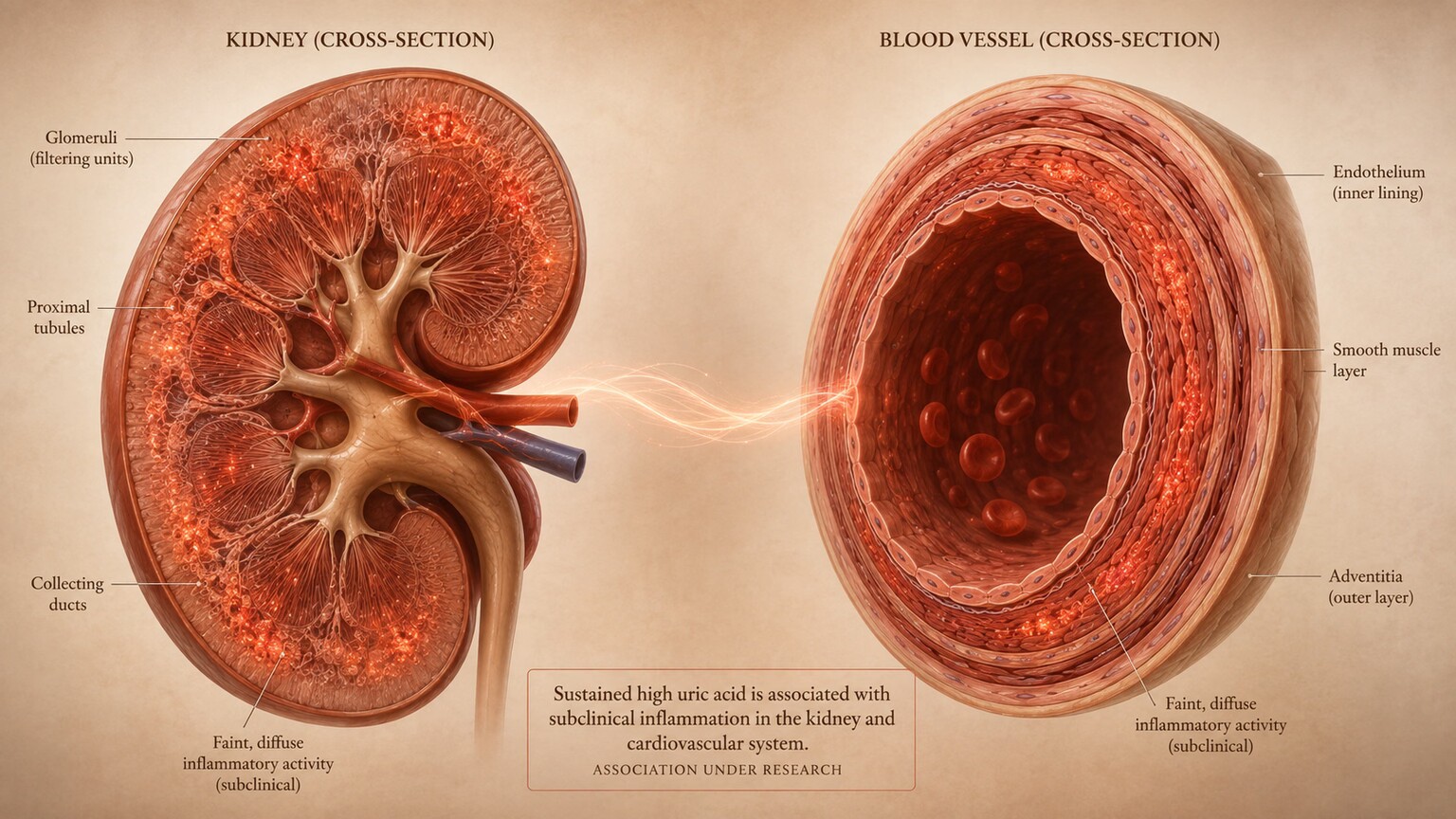 Scientific illustration of kidney tissue and a blood vessel wall both showing subtle signs of low-grade inflammation associated with sustained high uric acid