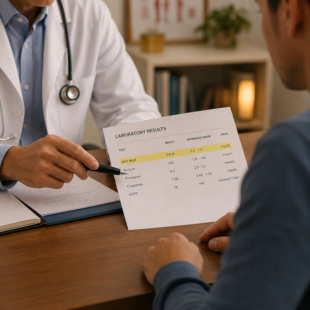 A doctor and patient reviewing a lab report together at a desk, discussing whether an elevated uric acid level with no symptoms actually needs treatment