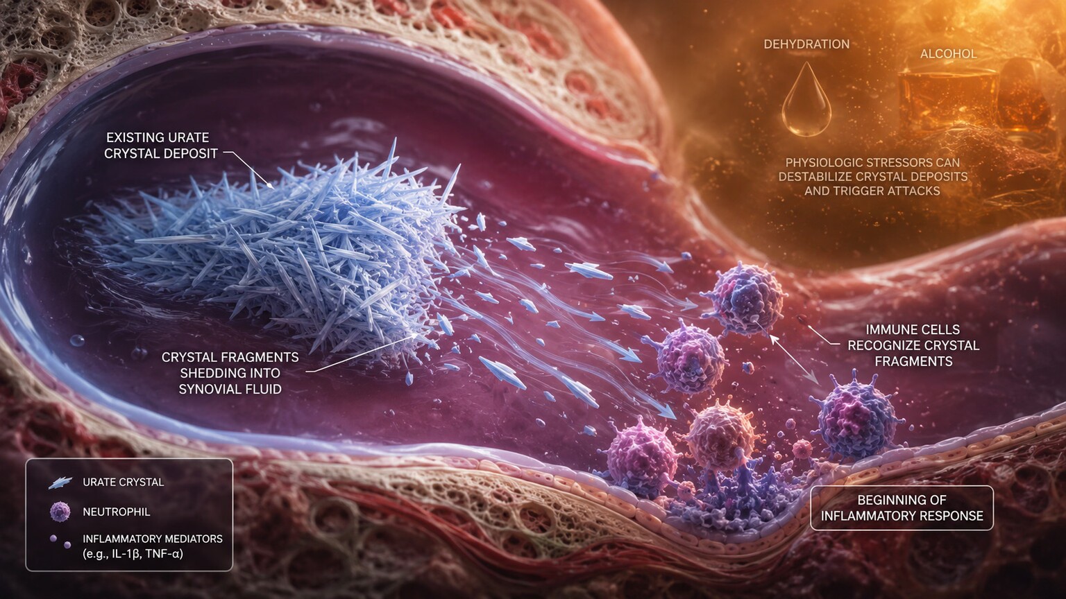Scientific illustration showing a sudden drop in blood uric acid concentration destabilizing existing crystal deposits and triggering an inflammatory gout attack