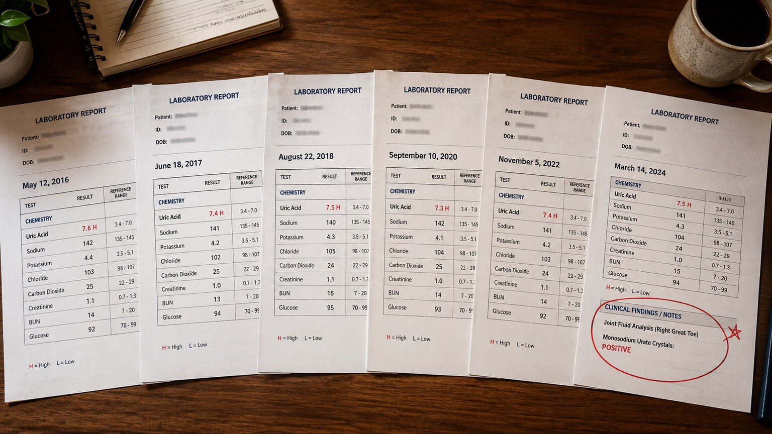 A row of printed lab reports spanning several years, all showing a stable elevated uric acid value, followed by a final report marking the date of a first gout attack