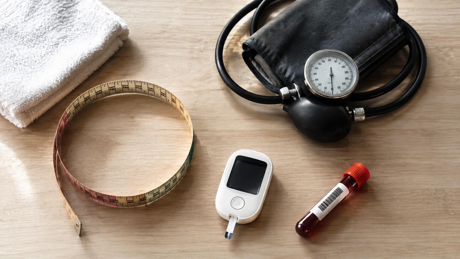 Overhead flatlay of a measuring tape, blood pressure cuff, glucose meter, and blood draw tube representing the five metabolic syndrome criteria