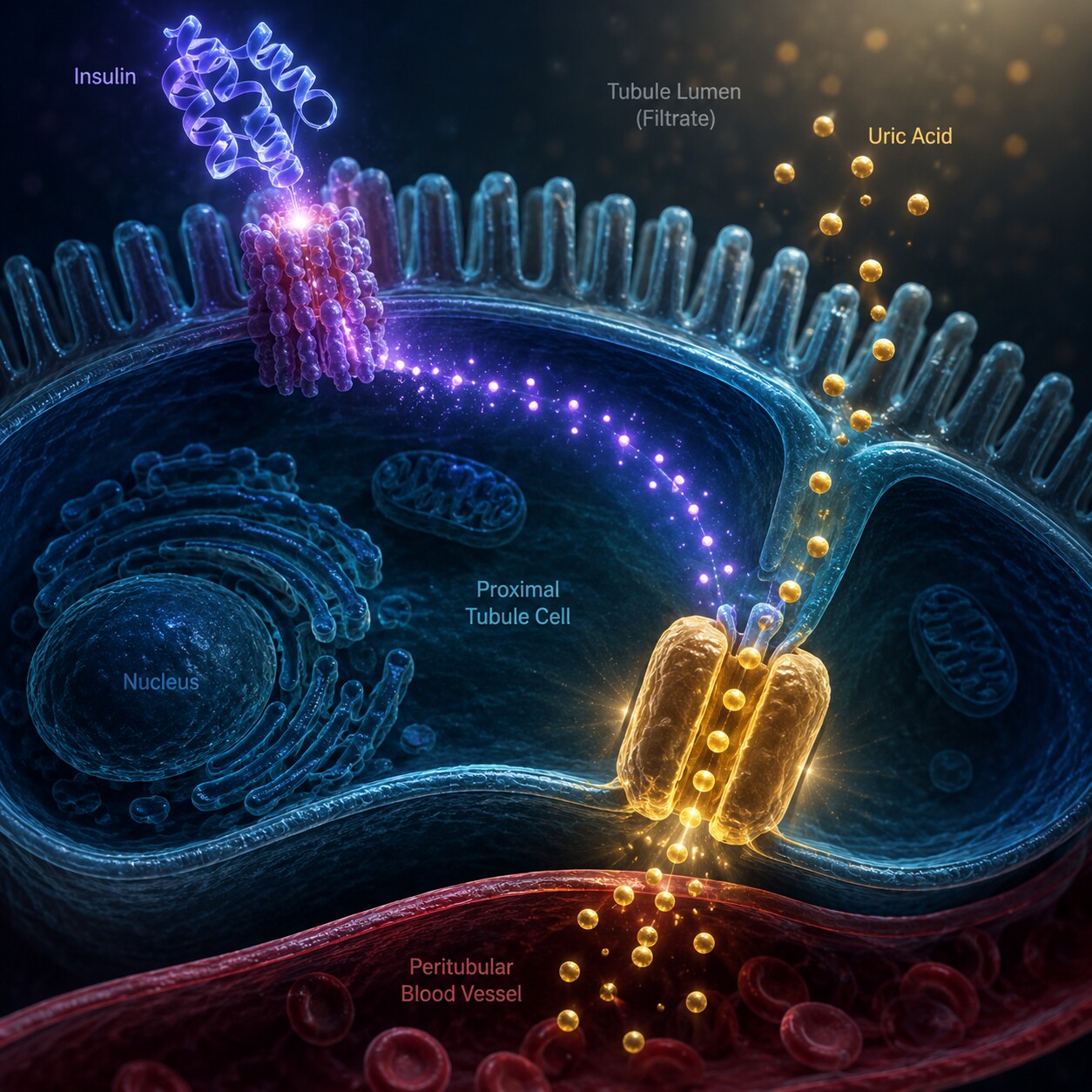 Scientific illustration of insulin binding a kidney tubule cell while a urate transporter pulls uric acid back into the bloodstream