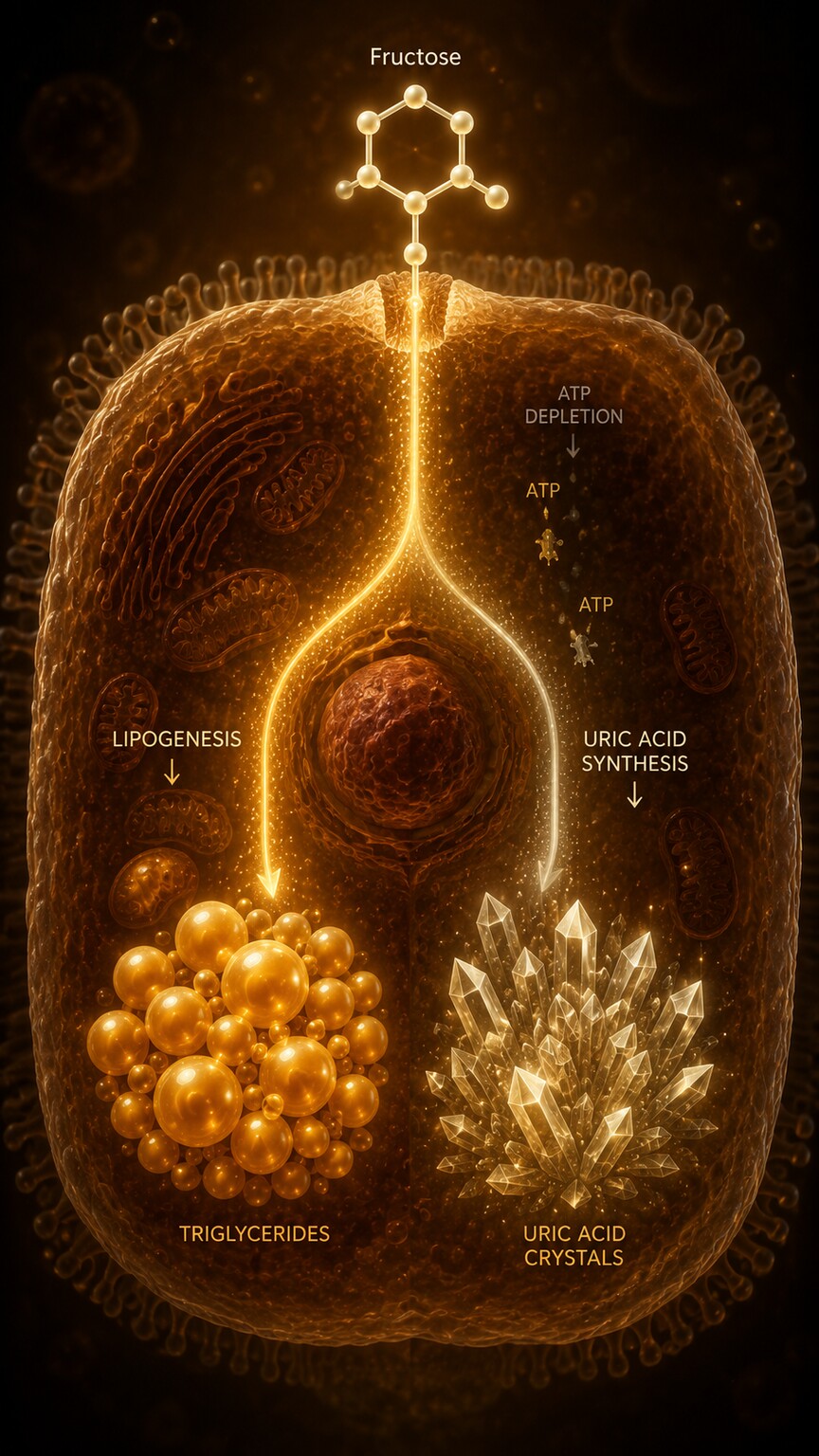 Scientific illustration of a liver cell where a single fructose molecule branches into two separate pathways producing triglycerides and uric acid