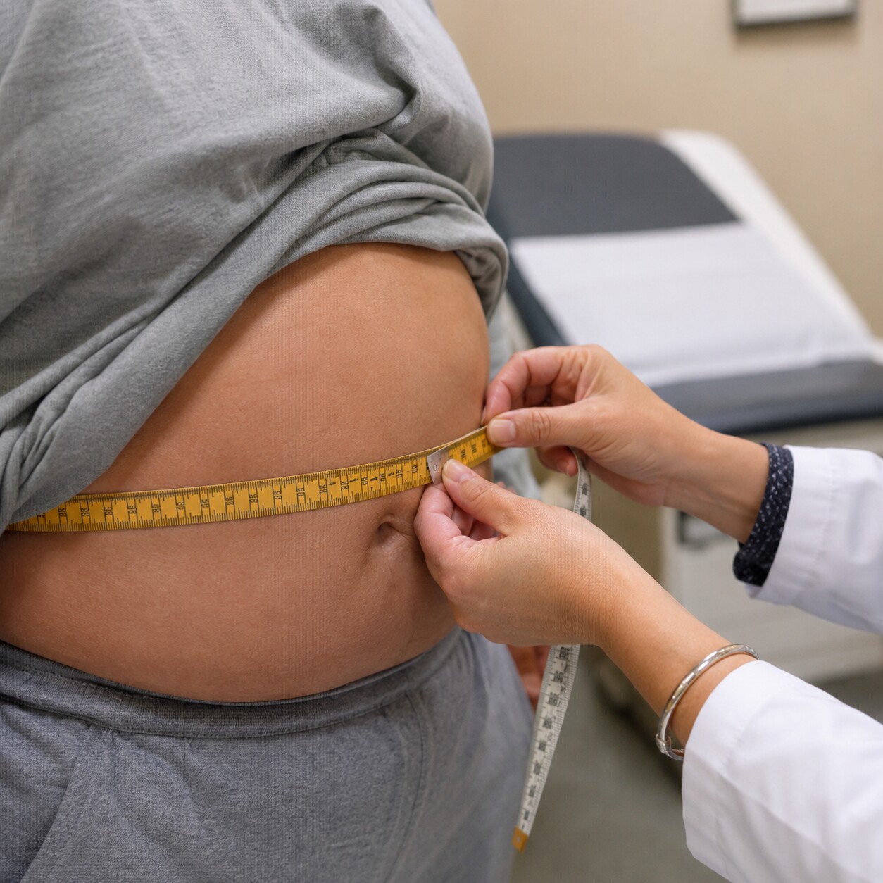 A clinician measuring a patient's waist circumference with a soft tape measure during a routine checkup