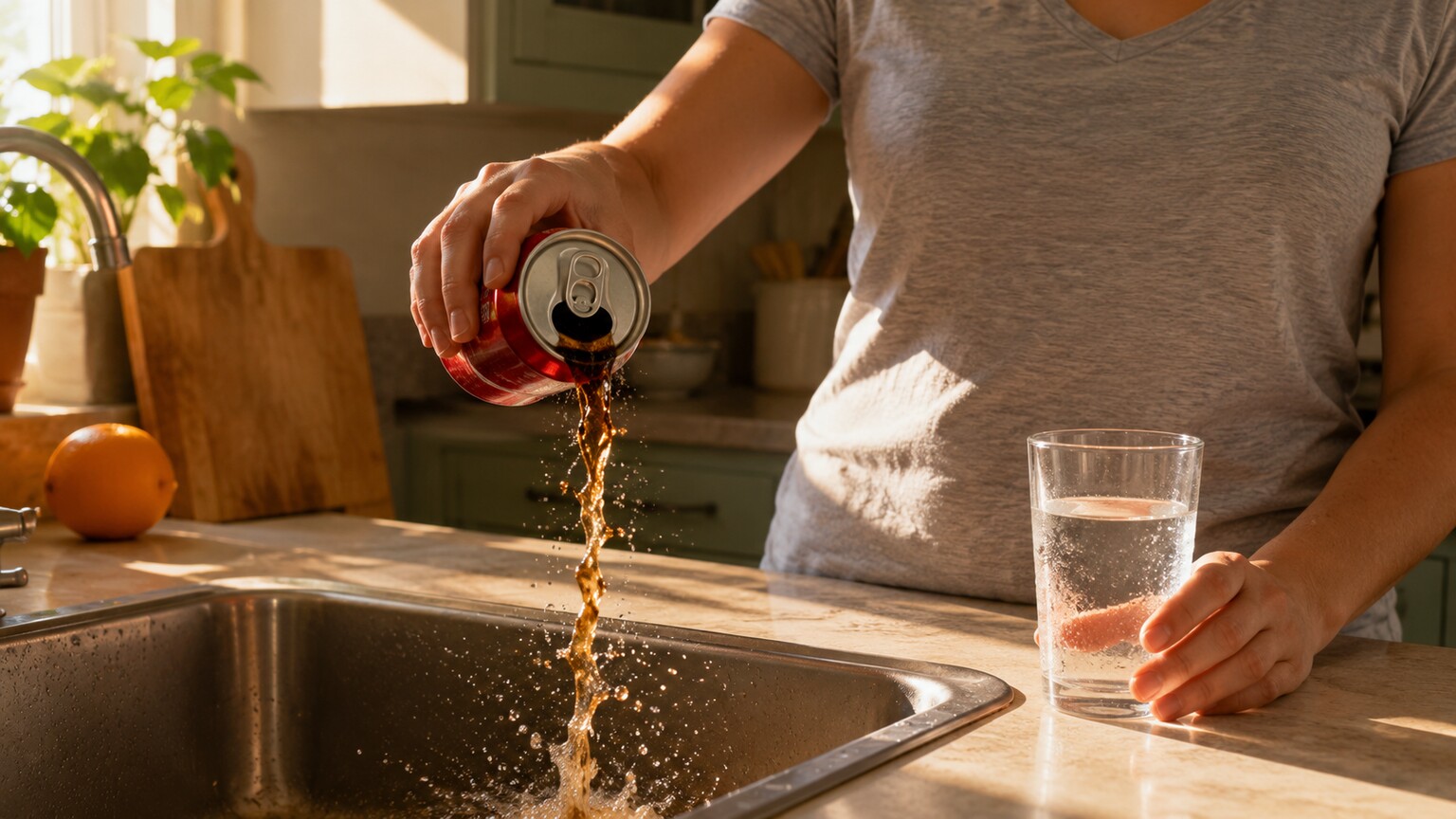 A person pouring a sugary soda down a kitchen sink and reaching for a glass of water instead, in natural morning light