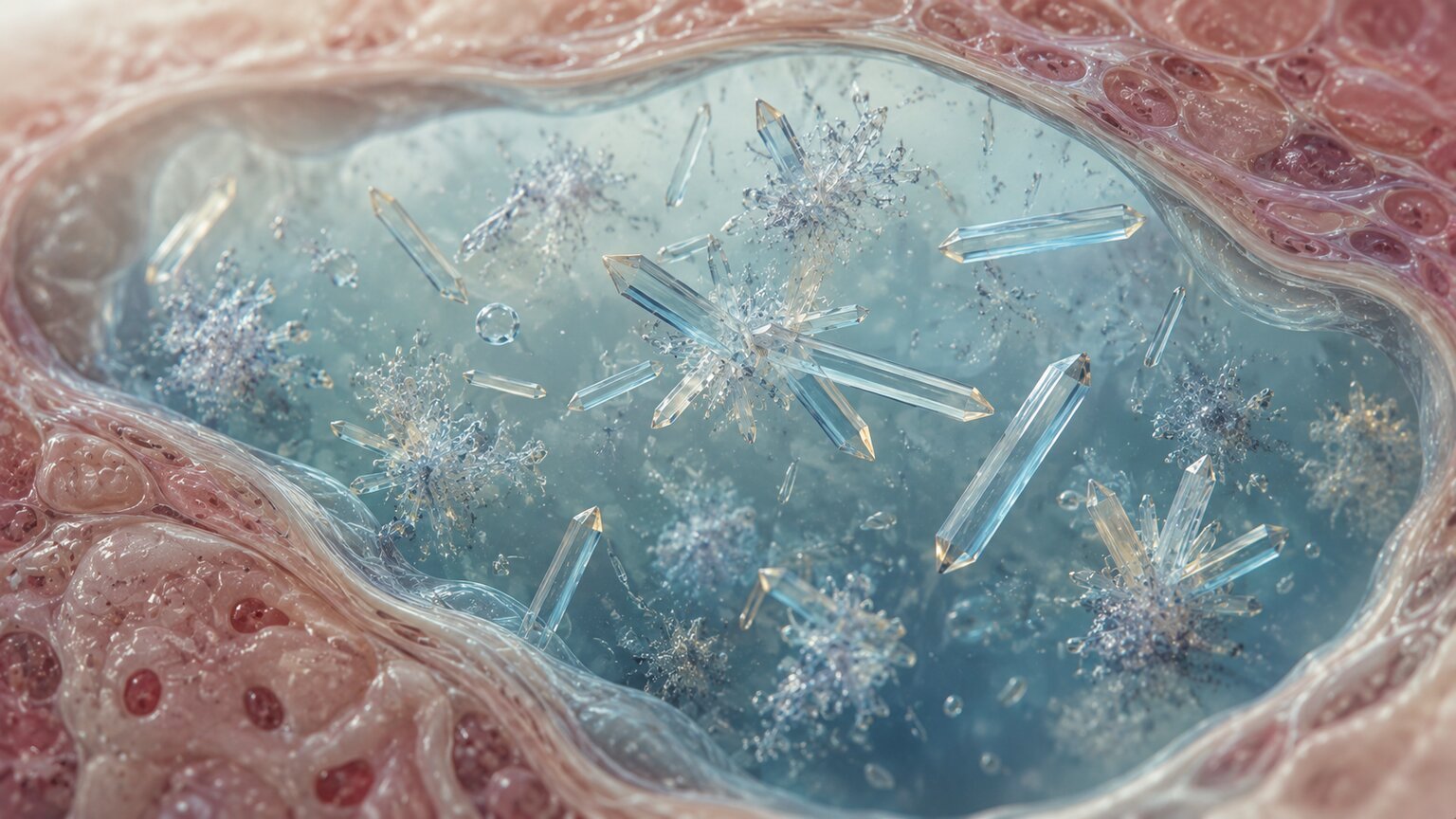 Scientific illustration of needle-shaped monosodium urate crystals forming within joint fluid as uric acid concentration rises