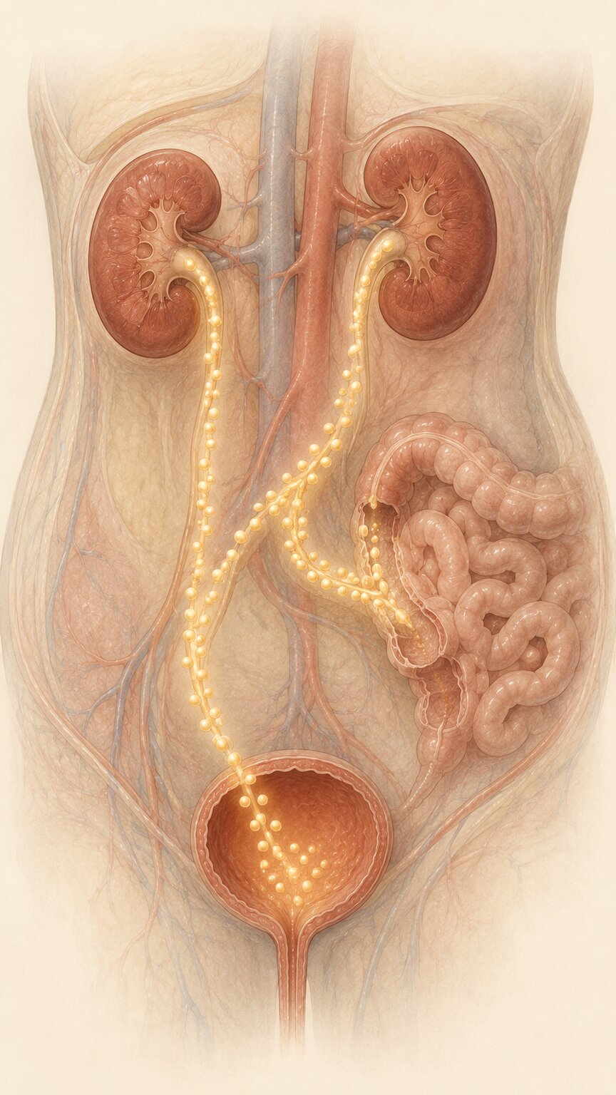Scientific illustration of the human torso showing uric acid being cleared through both the kidneys and the intestinal tract