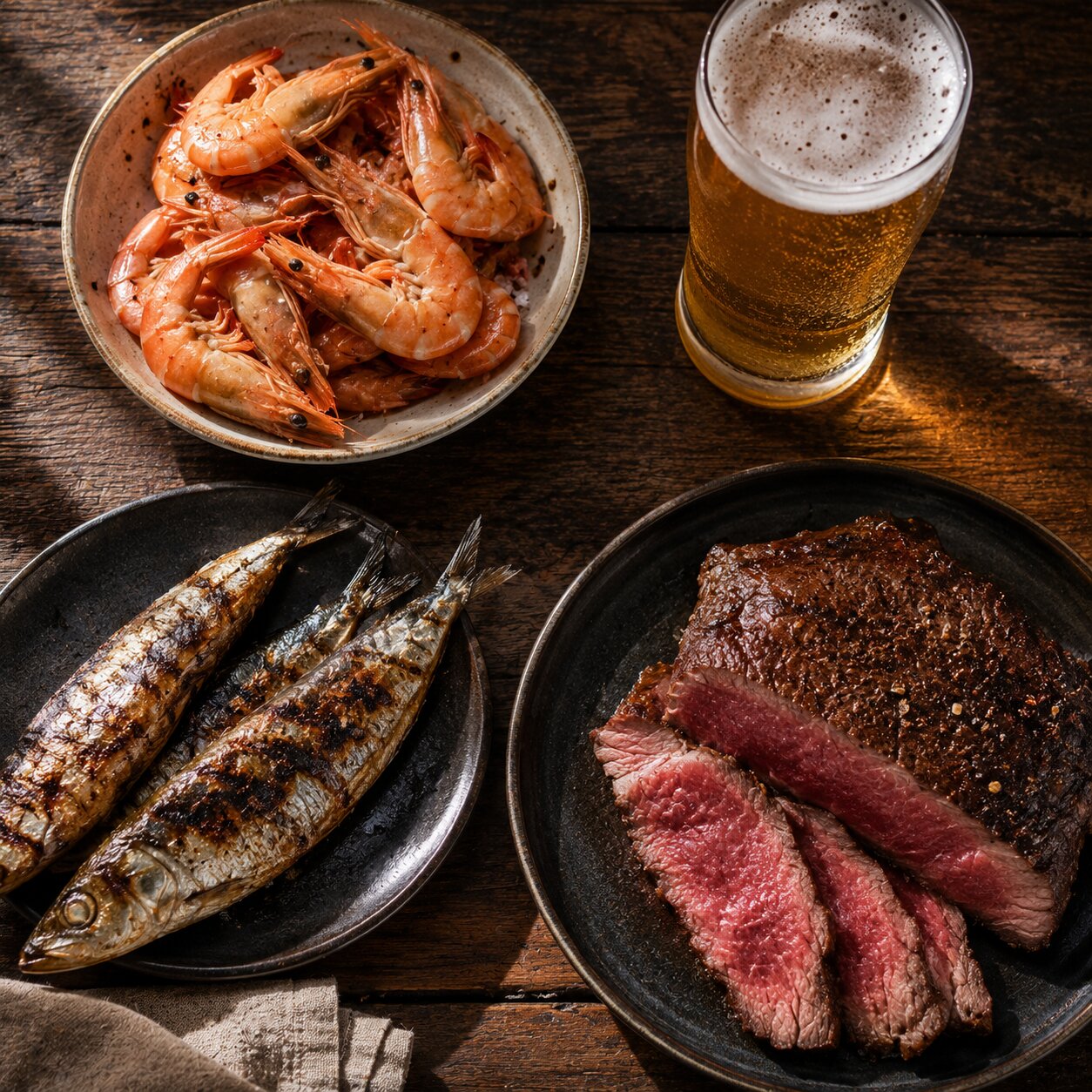 Overhead photo of purine-rich foods including shellfish, red meat, and a glass of beer arranged on a wooden table