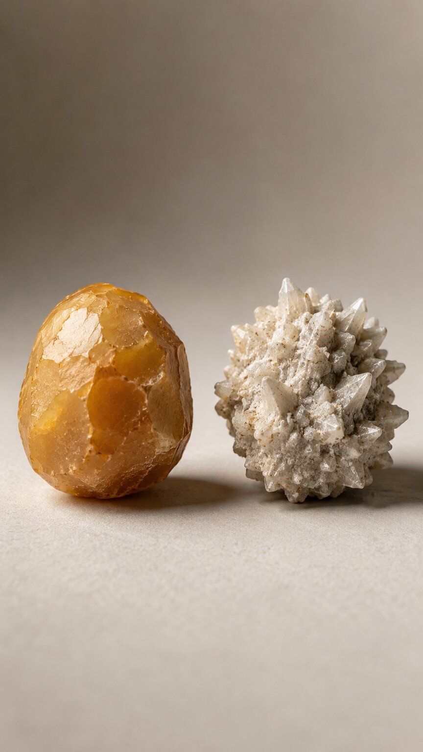 Close-up scientific illustration of a smooth yellow-brown uric acid kidney stone contrasted with a spiked calcium oxalate stone