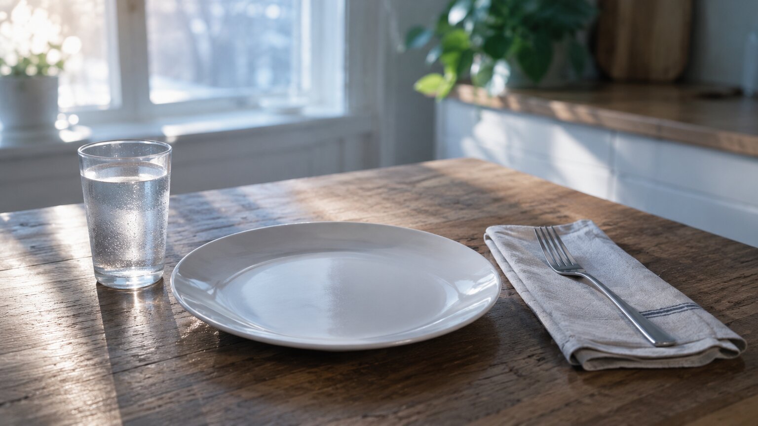 An empty clean plate and a glass of water on a kitchen table in morning light during an intermittent fasting window