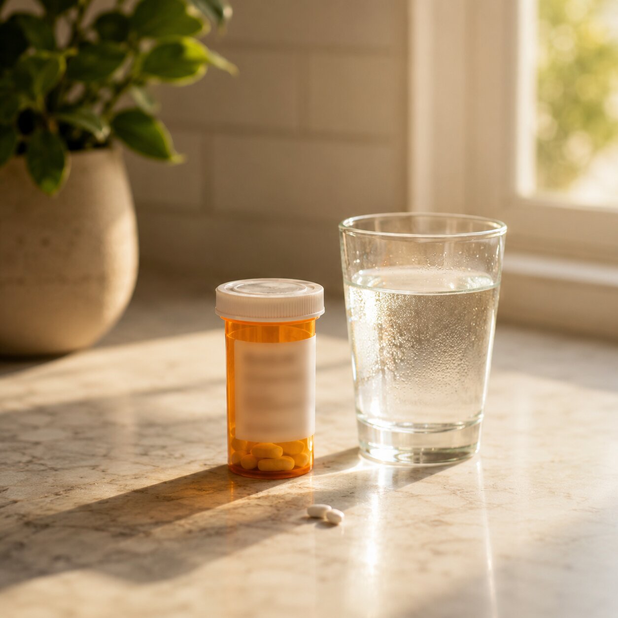 A prescription pill bottle and a glass of water on a kitchen counter in soft morning light