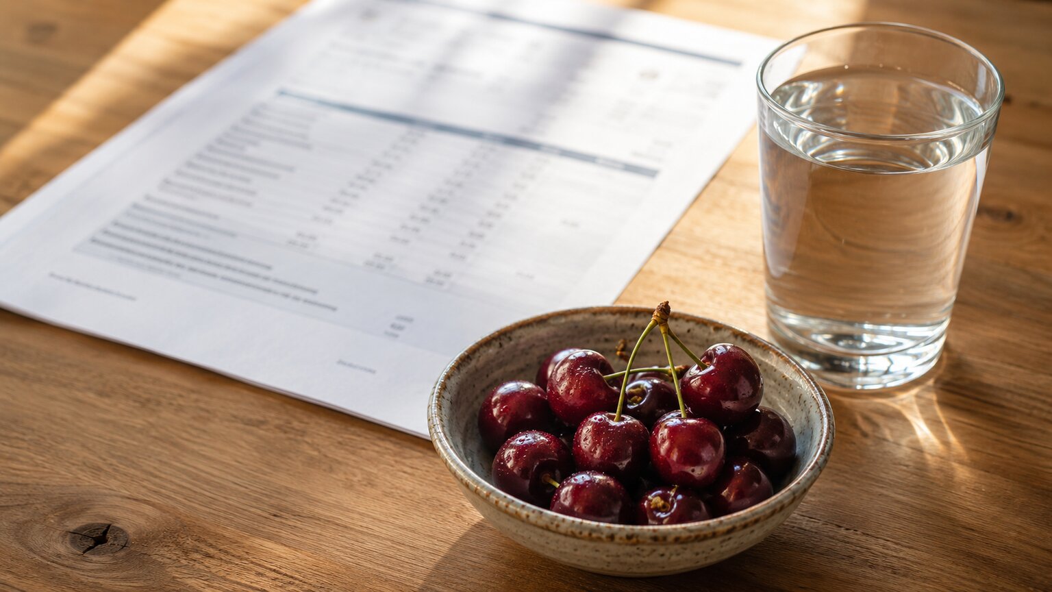 A printed lab report, a glass of water, and a small bowl of tart cherries arranged on a kitchen table in morning light