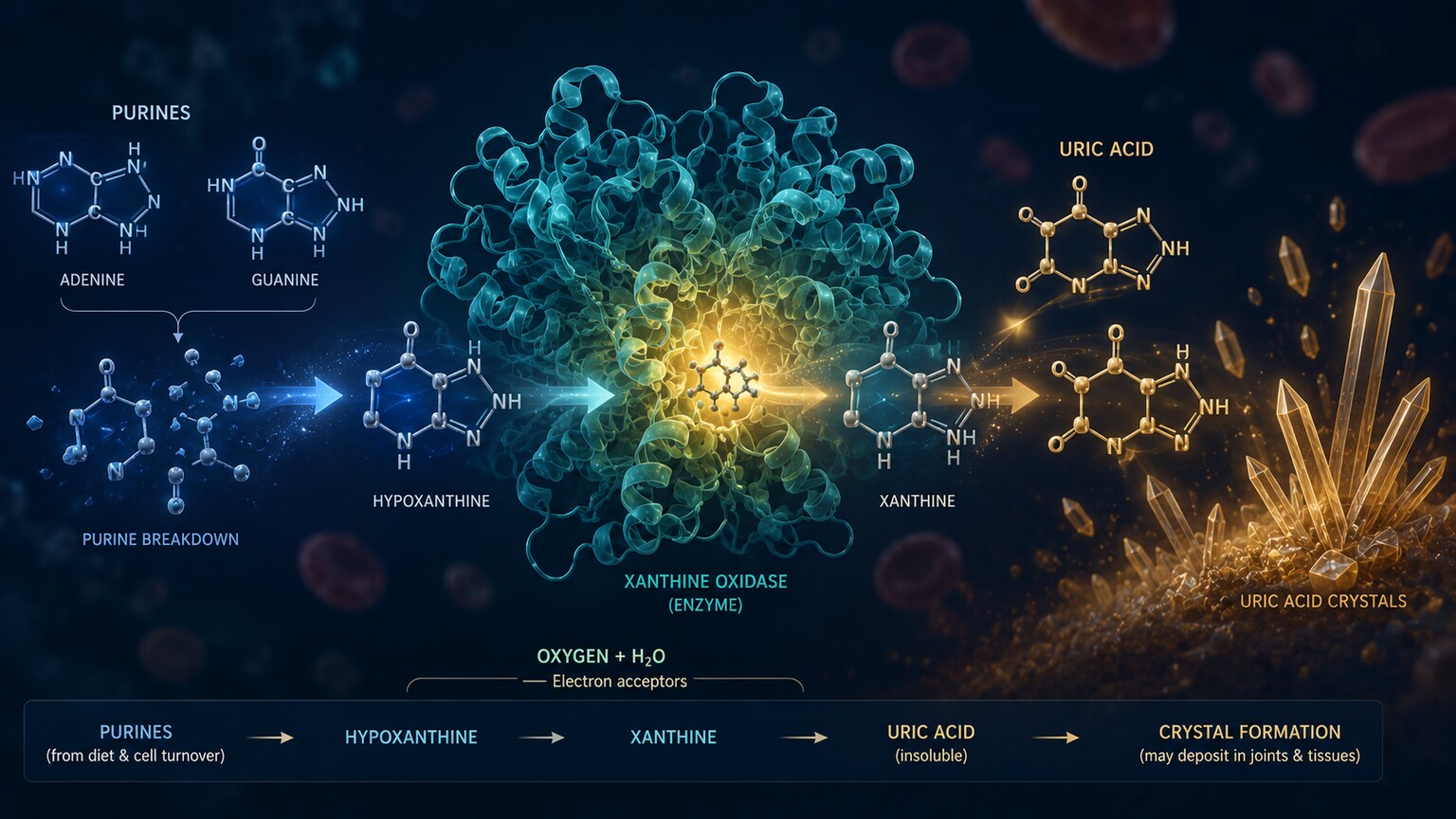 Scientific illustration of purine molecules being broken down by the xanthine oxidase enzyme into uric acid