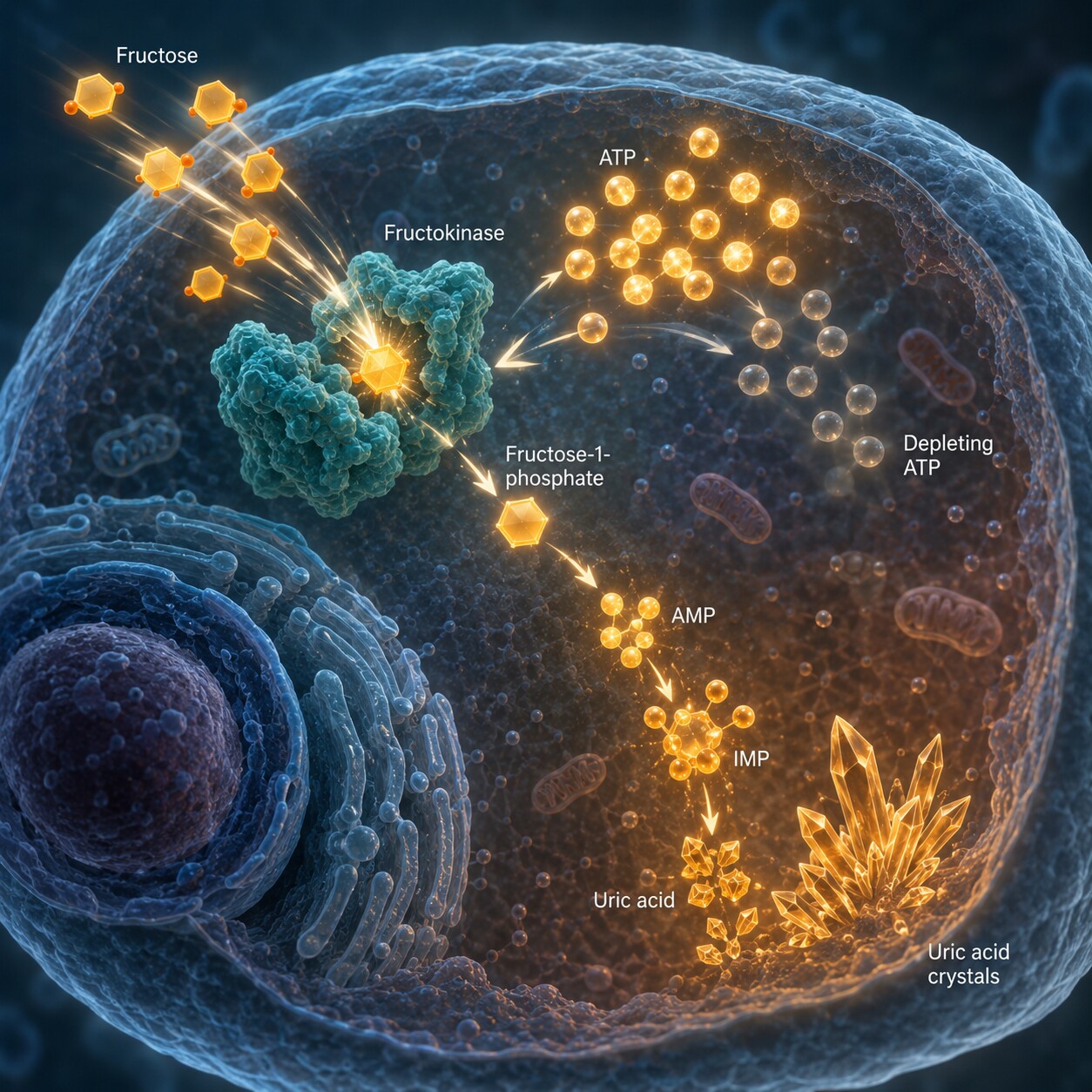 Scientific illustration of a liver cell showing fructokinase rapidly depleting ATP and triggering uric acid production