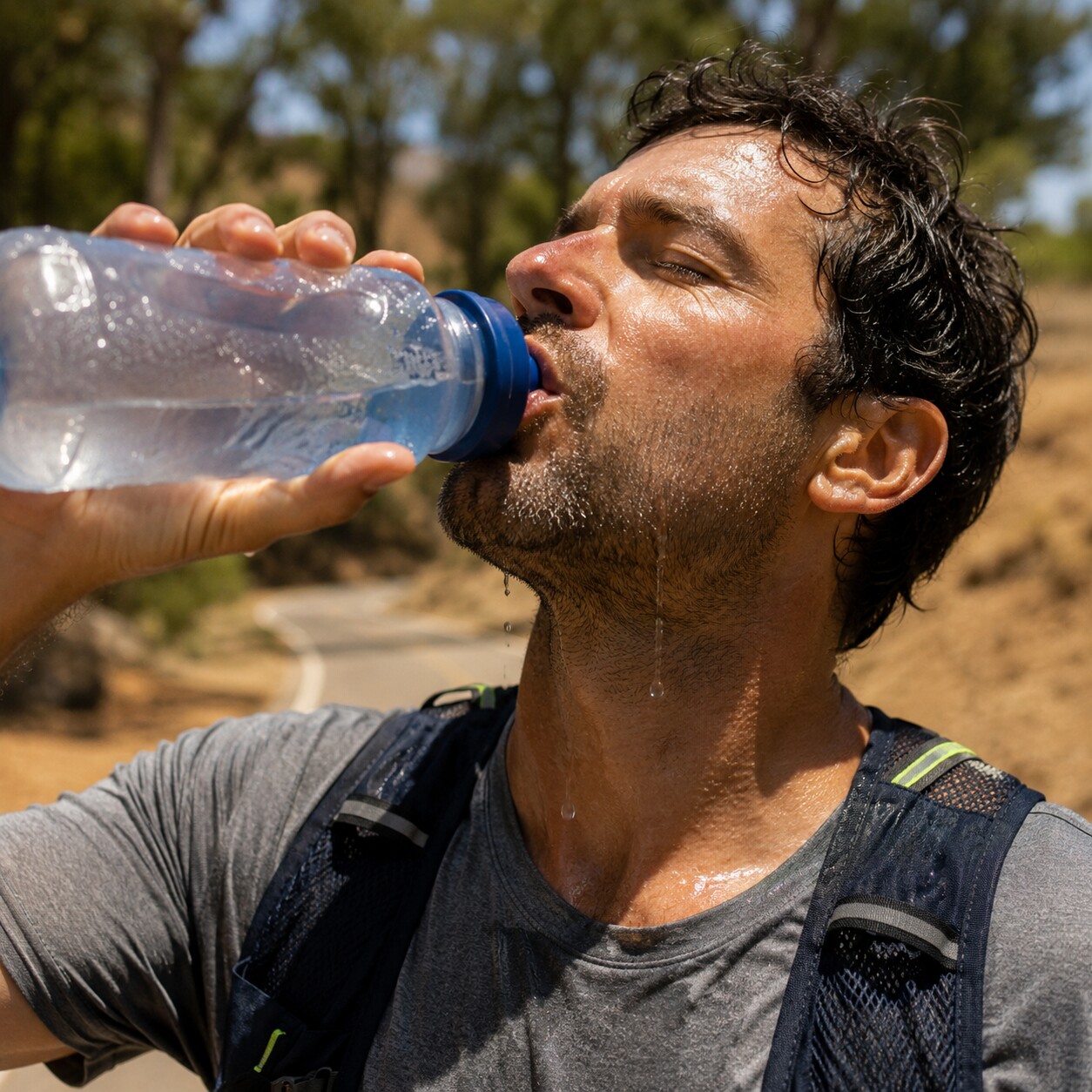 Close-up of a runner gulping water from a bottle on a hot day, illustrating dehydration and exercise-related uric acid release