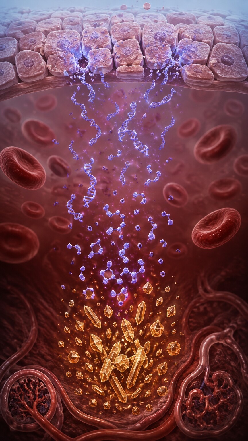 Scientific illustration of rapidly dividing and dying cells releasing purine-rich genetic material into the bloodstream