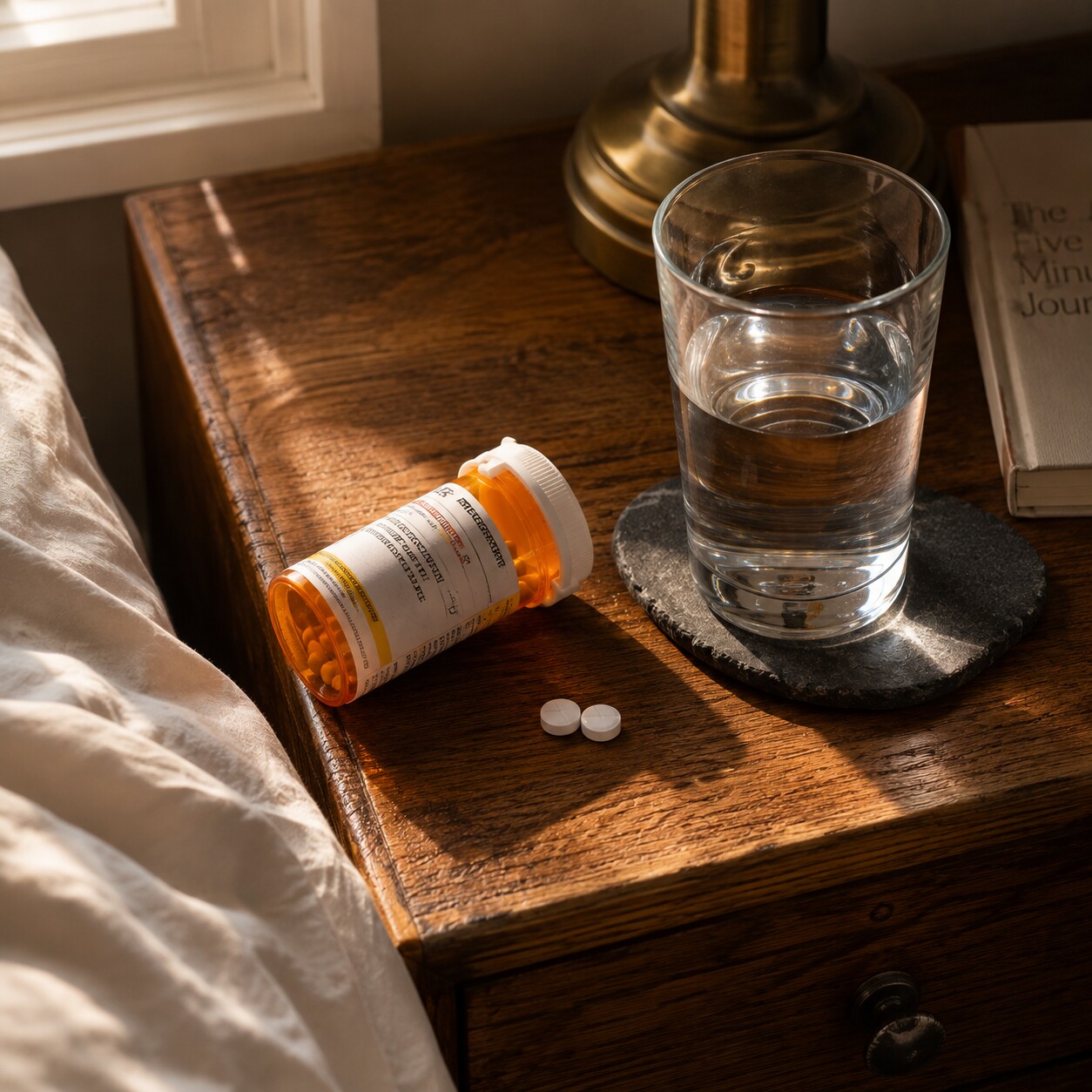 A prescription diuretic pill bottle and a glass of water on a nightstand in early morning light