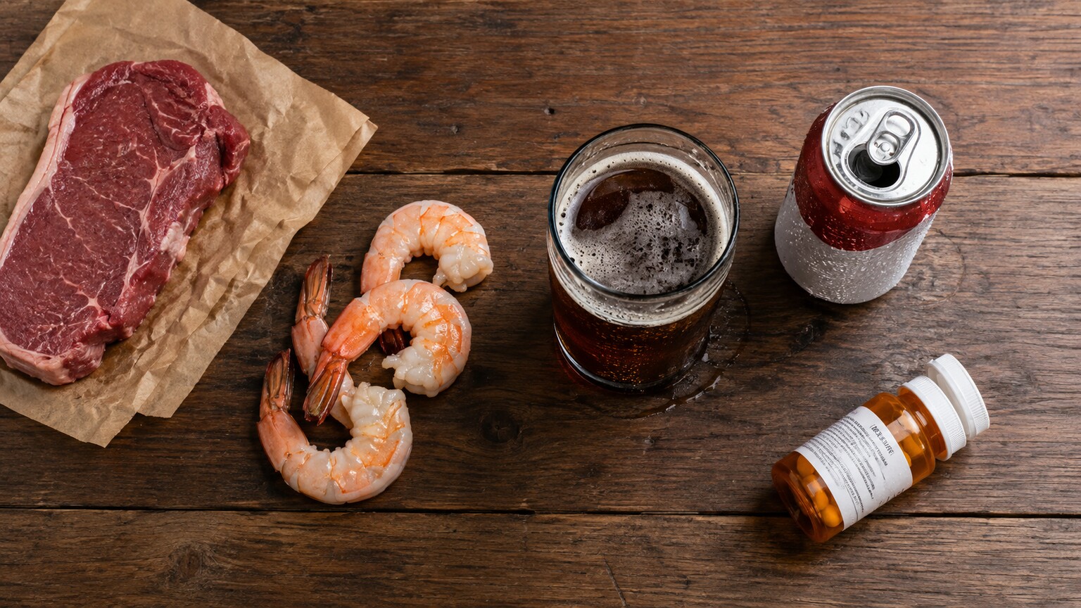 Overhead flatlay of red meat, shellfish, a beer glass, a soda can, and a diuretic pill bottle arranged together on a kitchen table