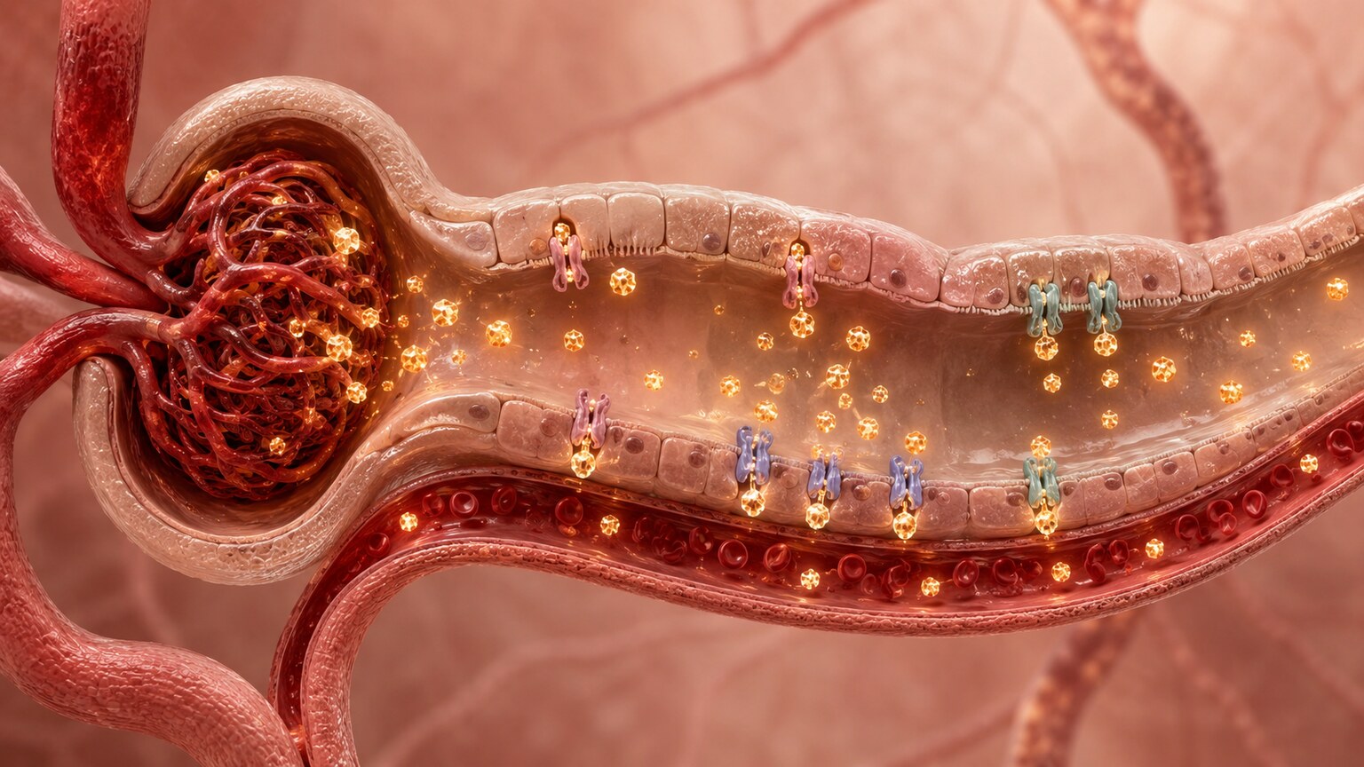 Scientific illustration of a kidney nephron filtering and reabsorbing uric acid molecules through specialized transport proteins