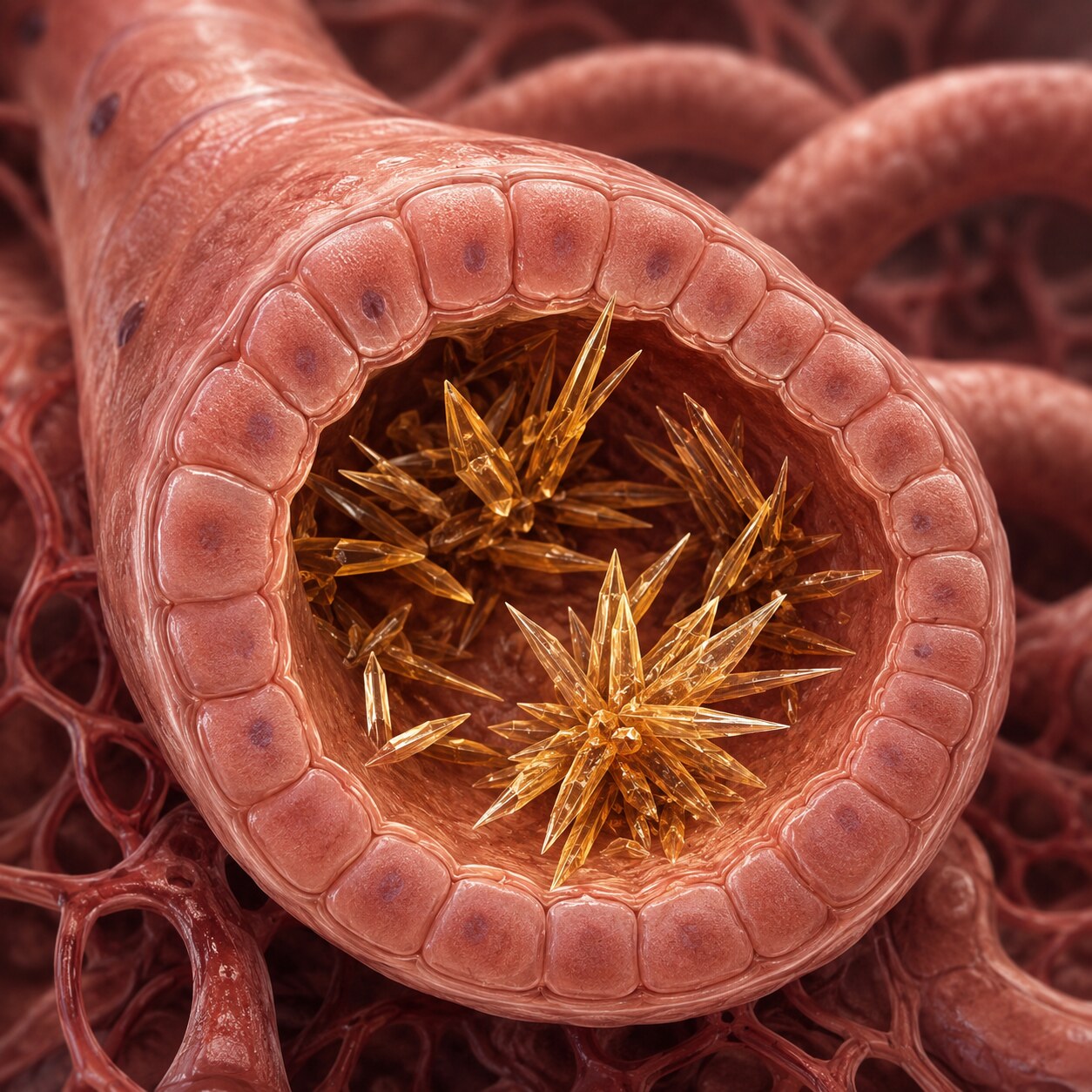 Scientific illustration of sharp urate crystals depositing and accumulating inside a kidney tubule structure