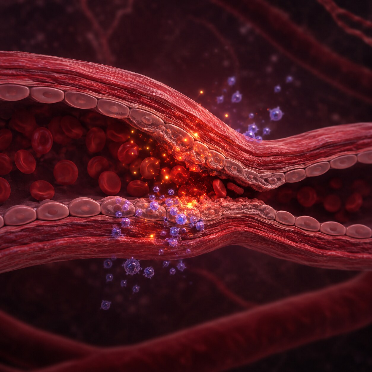Scientific illustration of oxidative stress molecules affecting the lining of a small kidney blood vessel