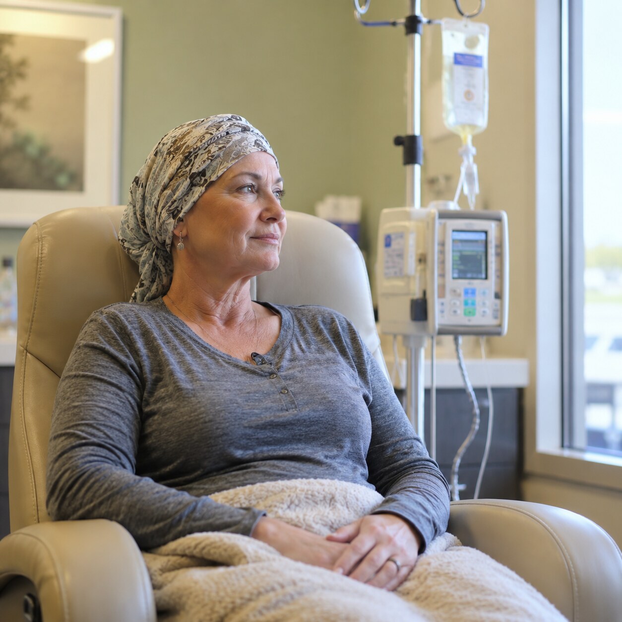 Person receiving chemotherapy infusion treatment in a clinical setting, a context where tumor lysis syndrome is closely monitored