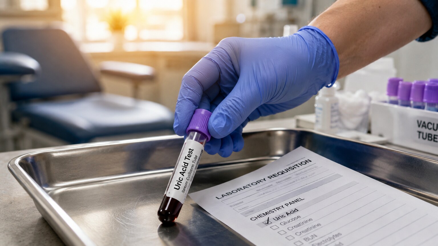 Labeled blood collection tube for a uric acid test sitting in a phlebotomy tray beside a requisition form