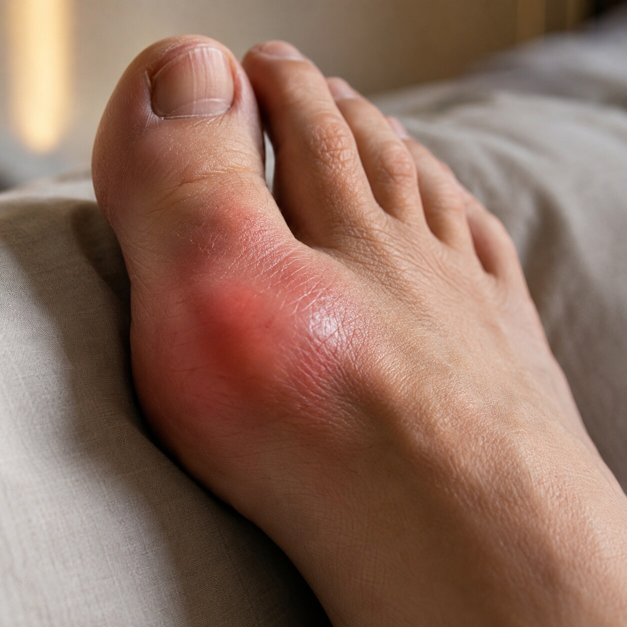 Close-up of a visibly swollen, reddened big toe joint consistent with an acute gout flare
