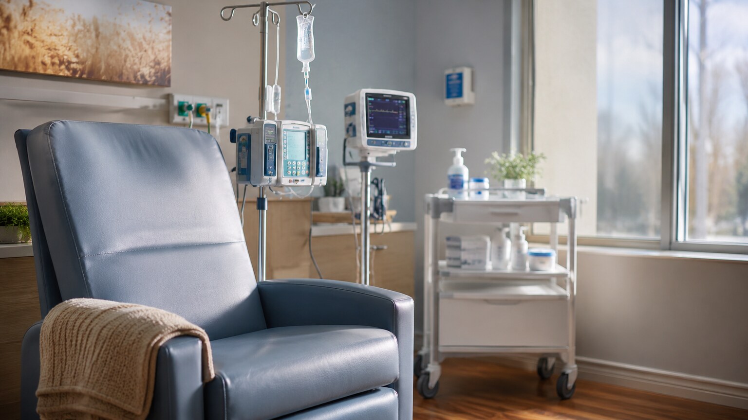 Oncology infusion chair with monitoring equipment set up ahead of a chemotherapy session where uric acid is tracked closely