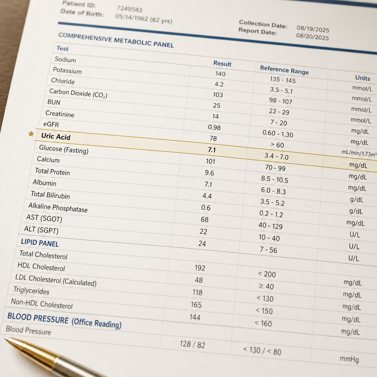 Printed lab report showing uric acid listed alongside glucose, triglycerides, and blood pressure as part of a broader metabolic risk workup