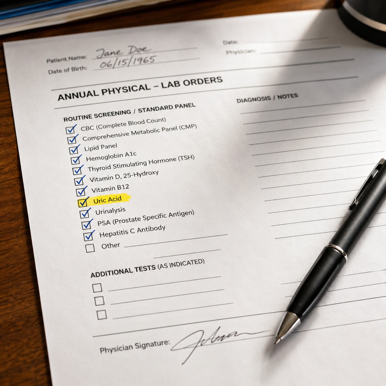 Clinic lab order form for an annual physical with uric acid checked alongside other routine screening tests