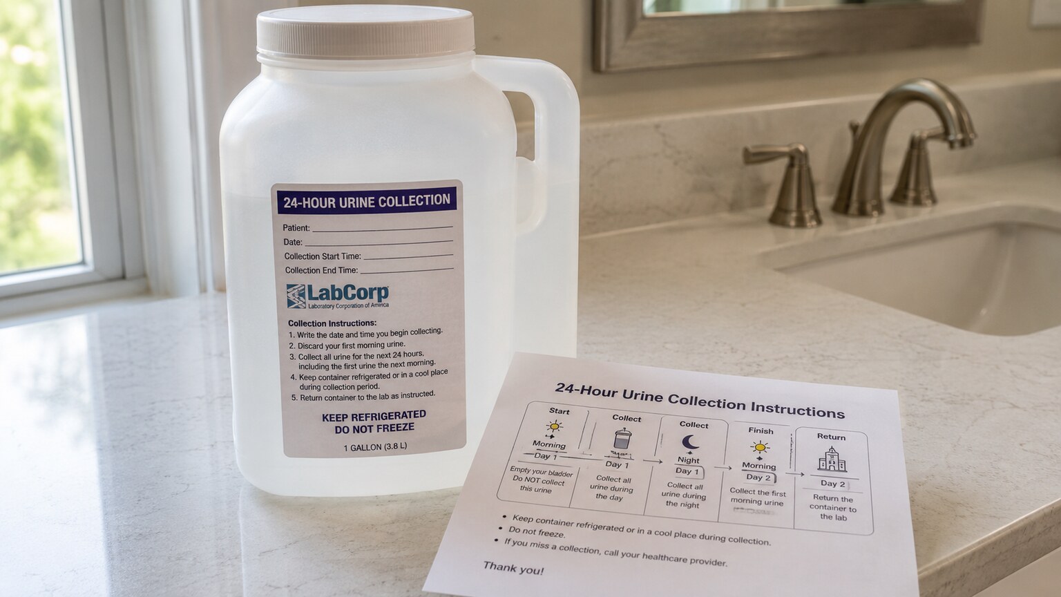 Labeled 24-hour urine collection container and instruction sheet set out on a bathroom counter at home
