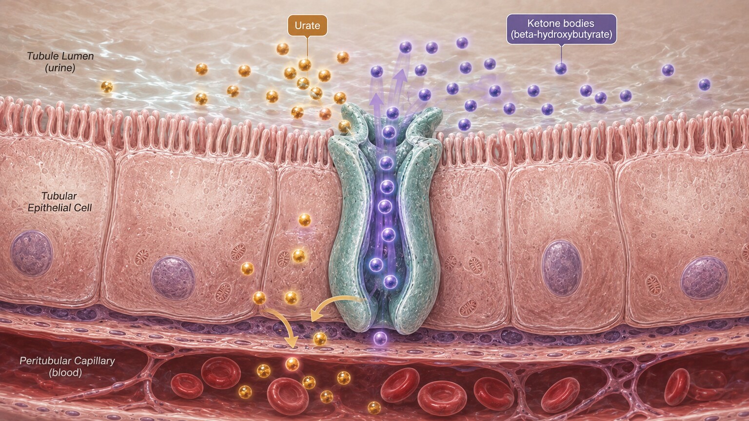 Scientific illustration of a kidney tubule transporter where ketone molecules block uric acid from being excreted into urine