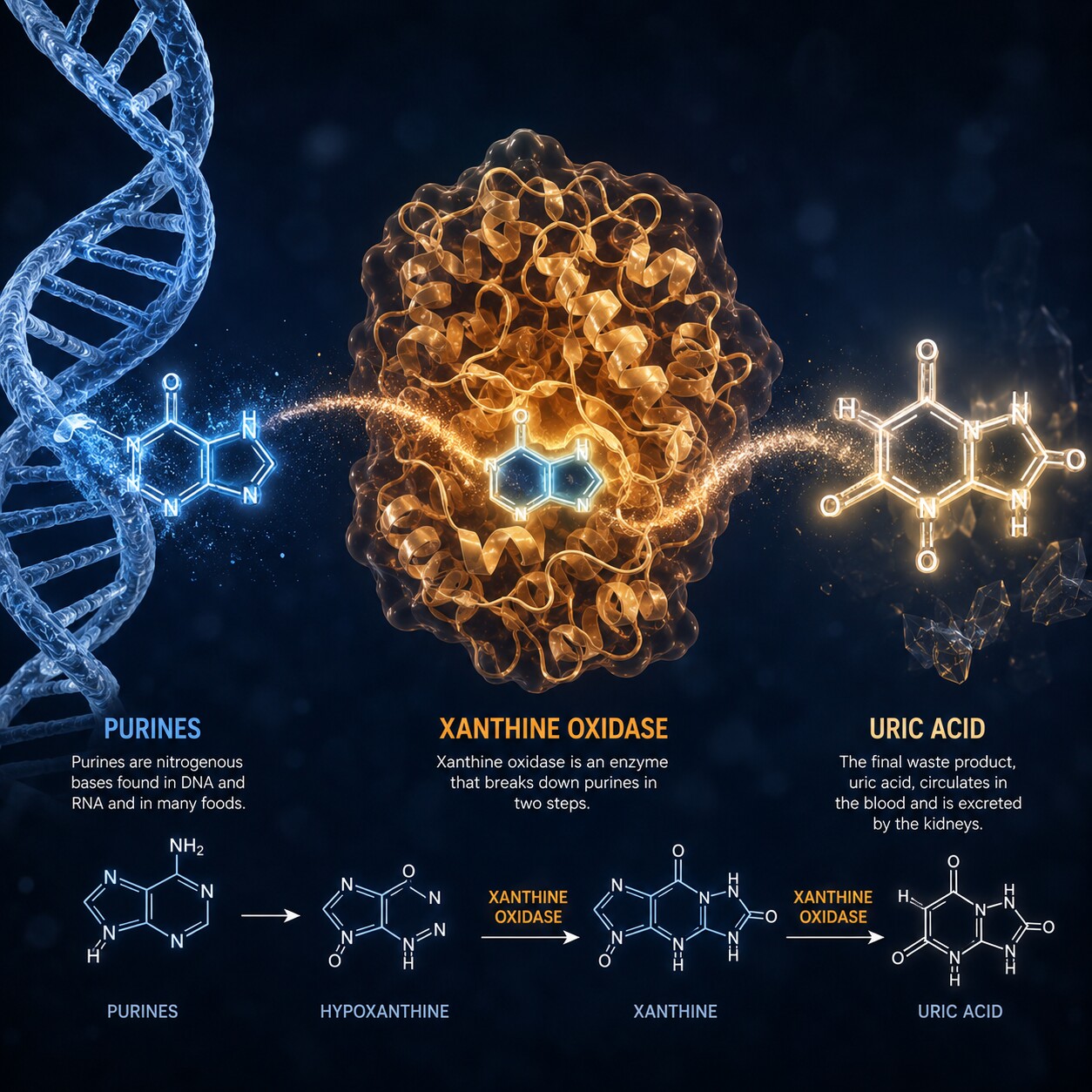 Diagram of a purine molecule breaking down into uric acid through the enzyme xanthine oxidase