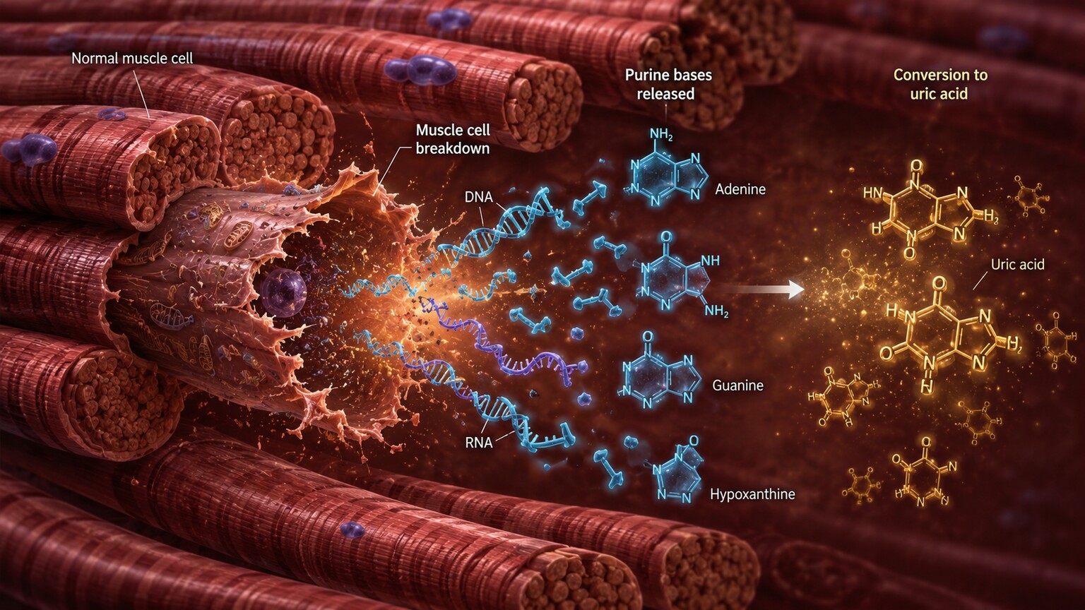 Illustration of a muscle cell breaking down during rapid weight loss and releasing purine-rich genetic material