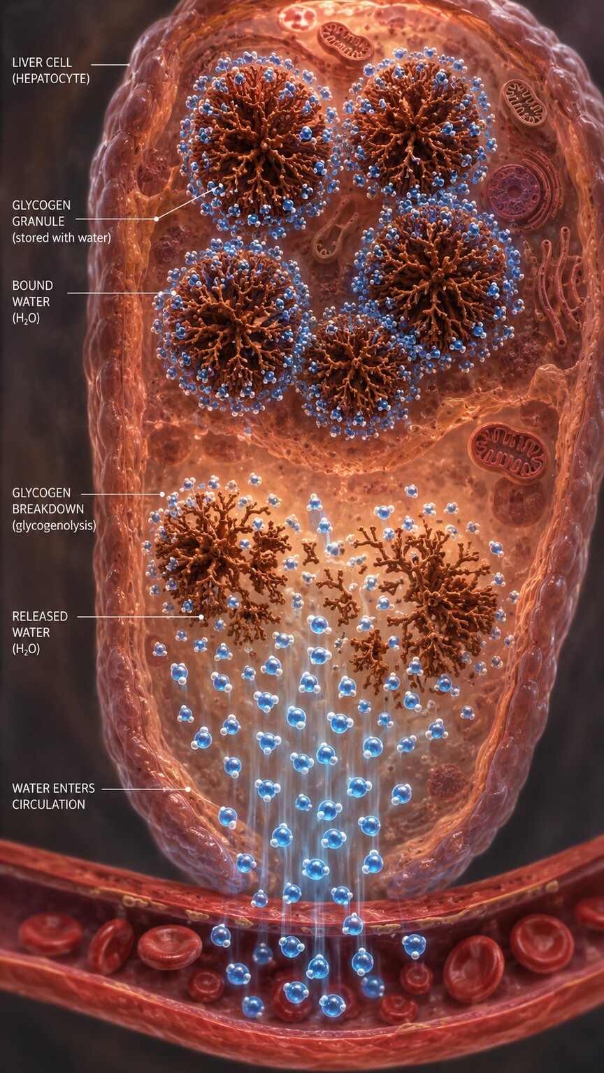 Illustration of glycogen granules in a liver cell releasing bound water molecules during early rapid weight loss
