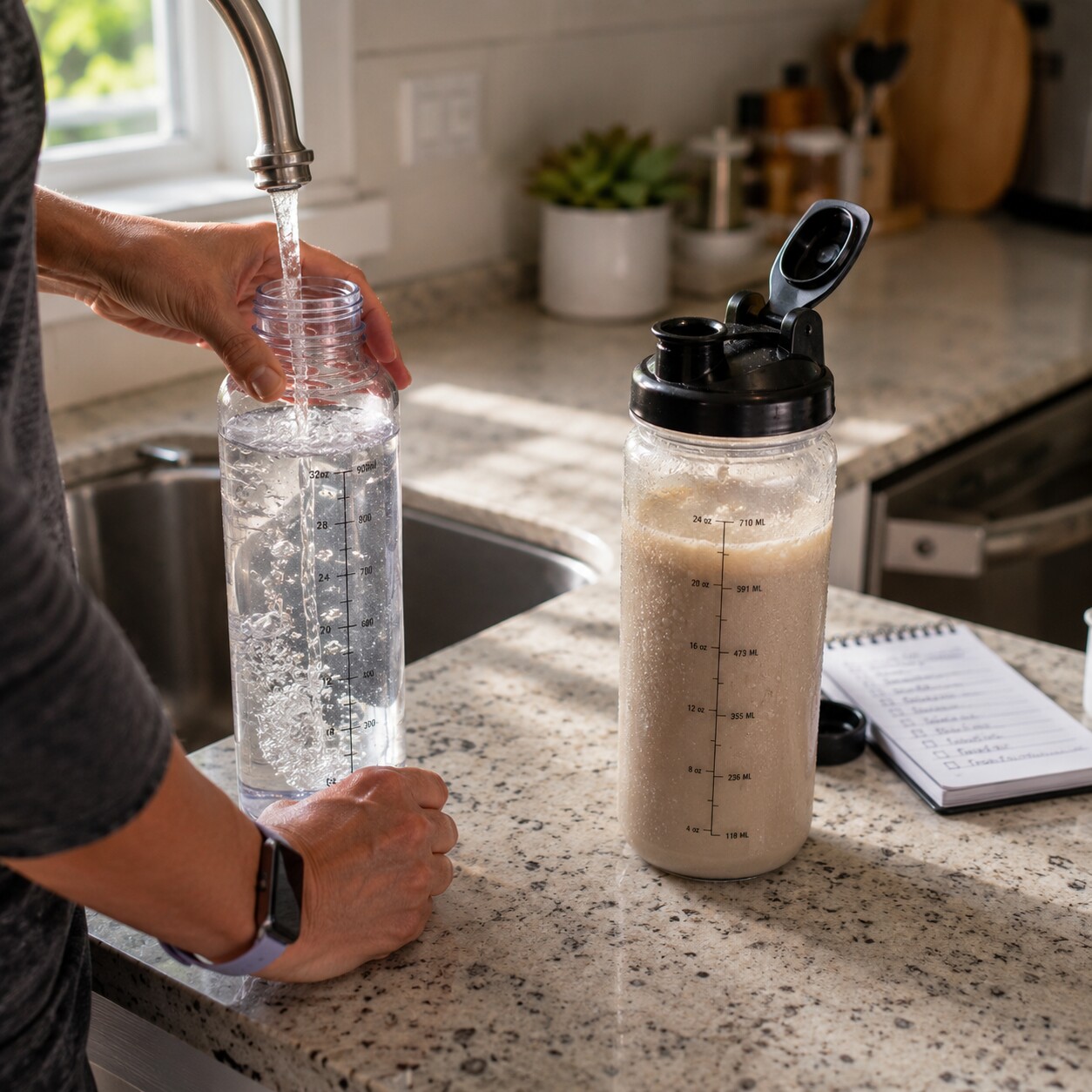 Person filling a water bottle in a kitchen next to a meal-replacement shake bottle during a very-low-calorie diet