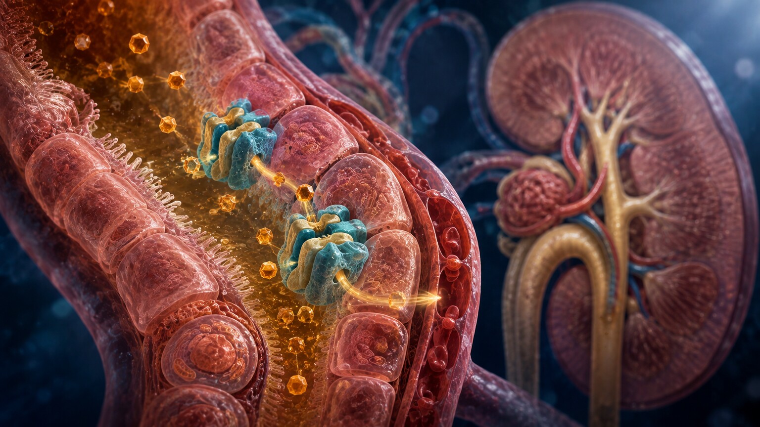 Scientific illustration of kidney tubule transporters URAT1 and GLUT9 reabsorbing uric acid back into the bloodstream