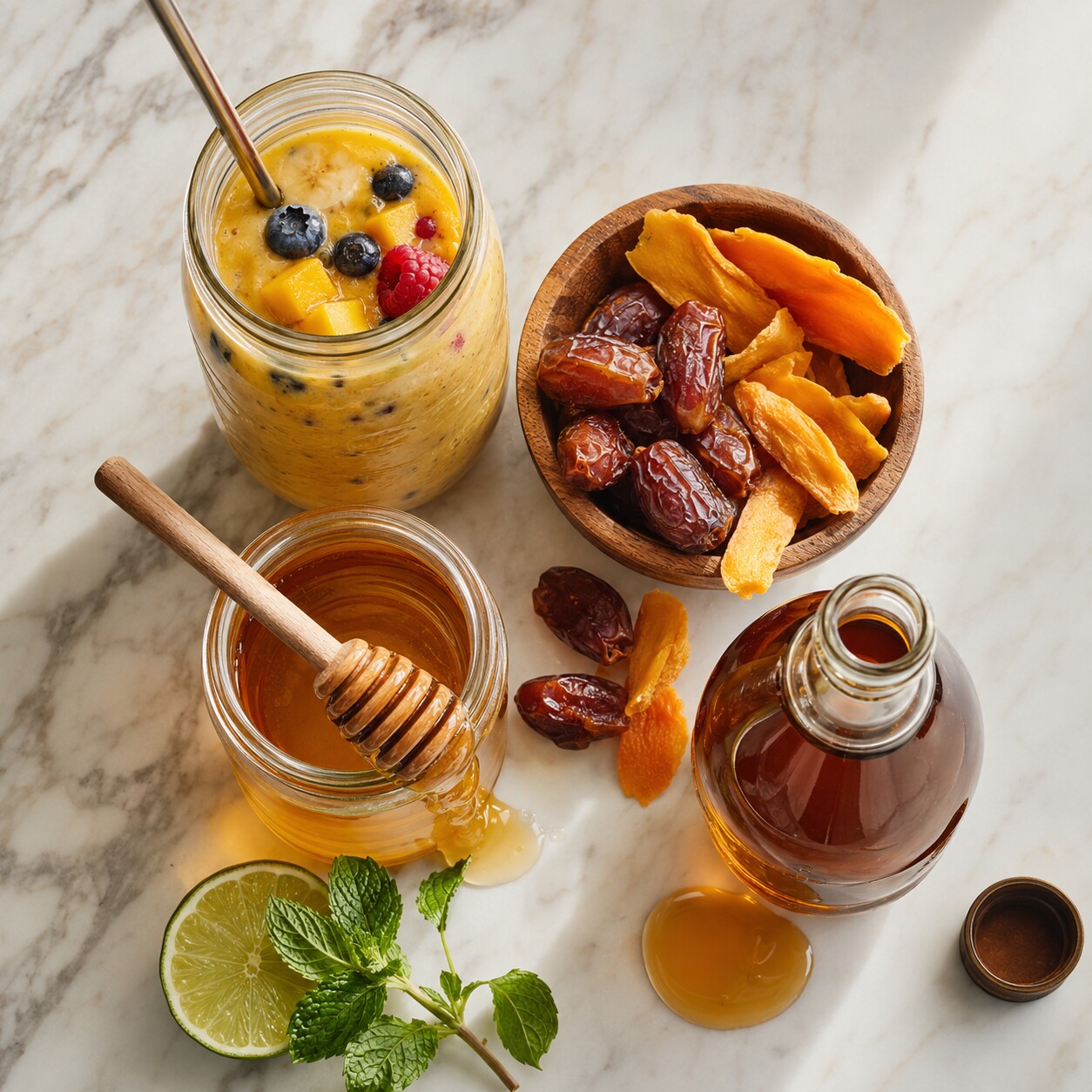 Overhead flatlay of a fruit smoothie, dried mango, dates, honey, and agave syrup on a kitchen counter