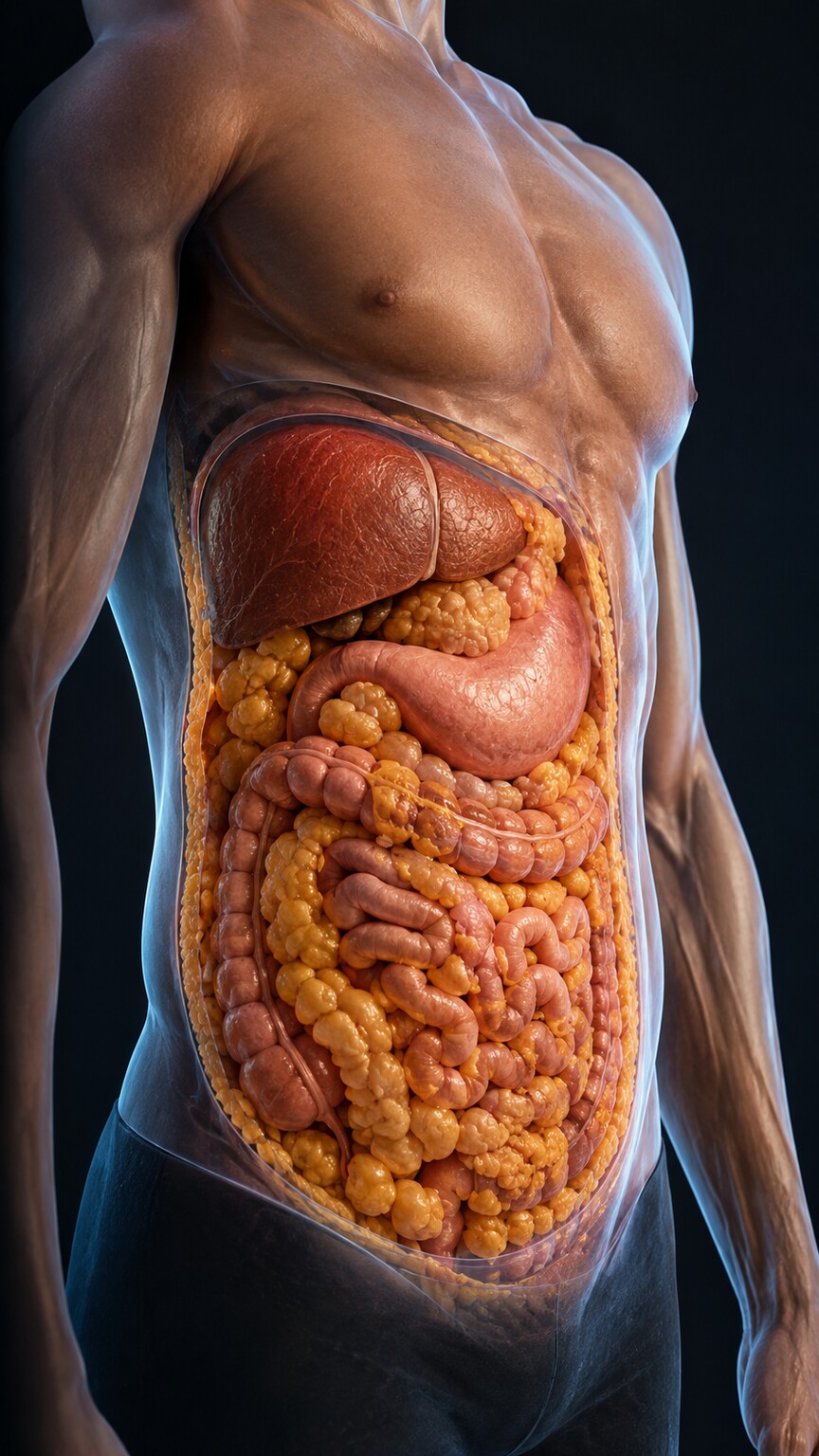 Scientific cross-section illustration of a lean torso highlighting visceral fat surrounding internal organs