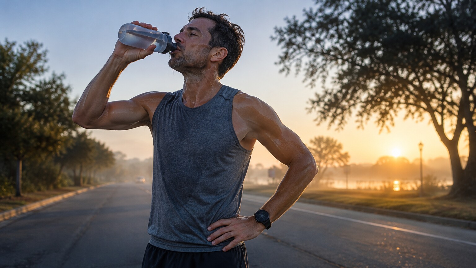 A runner drinking from a water bottle after an early morning workout, illustrating exercise-related dehydration and uric acid retention
