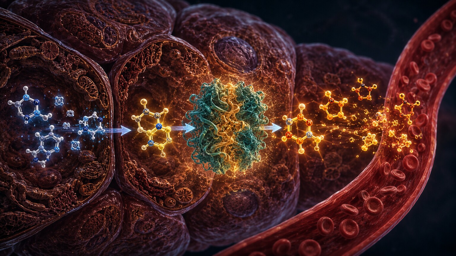 Scientific illustration of the liver enzyme xanthine oxidase converting purine breakdown products into uric acid molecules