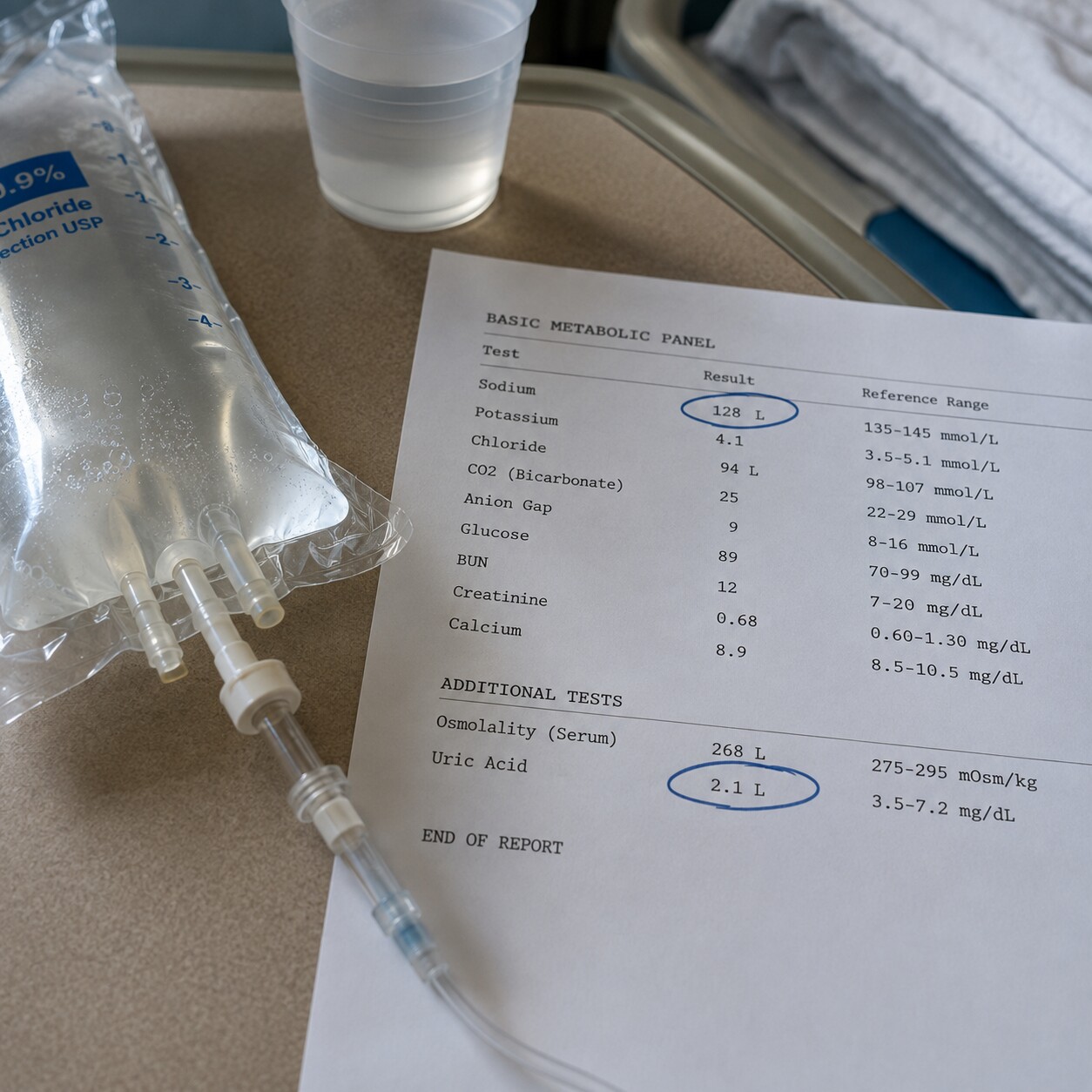 Close-up of a hospital bedside table with an IV fluid line and a printed lab panel showing low sodium and low uric acid results