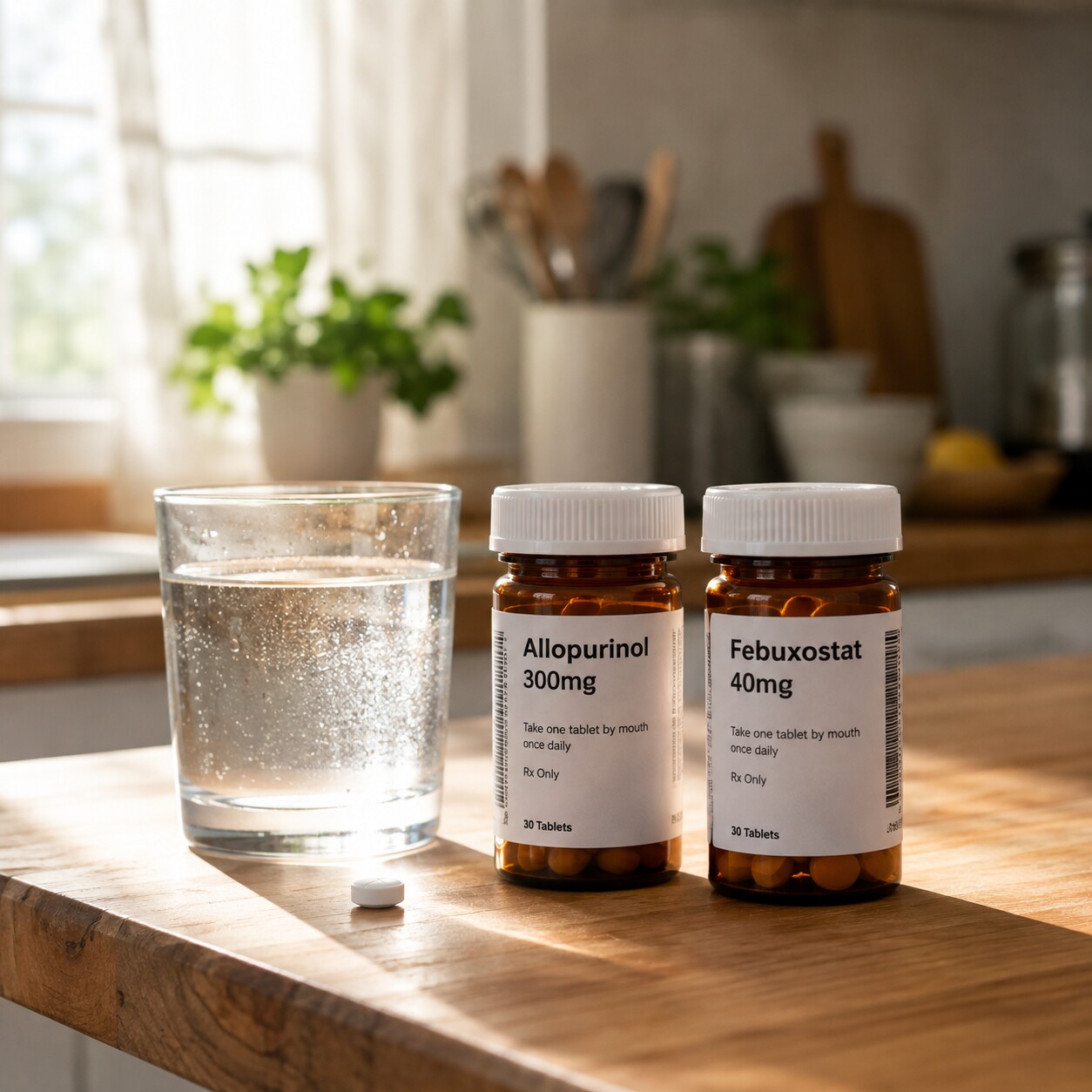 Prescription bottles of allopurinol and febuxostat gout medications sitting on a kitchen counter next to a glass of water