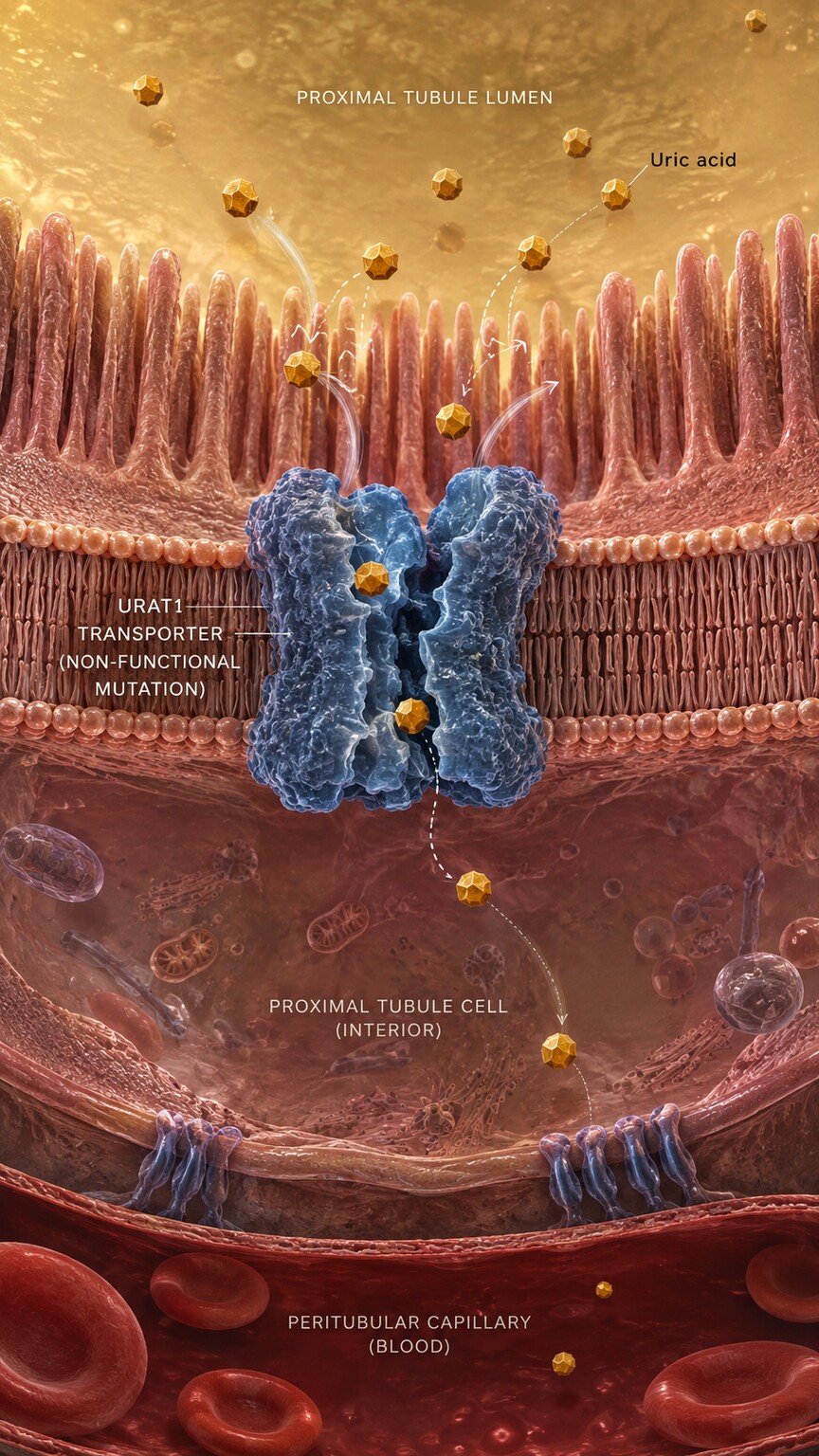 Molecular illustration of a defective URAT1 transporter protein in the kidney's proximal tubule failing to reabsorb filtered uric acid back into the blood